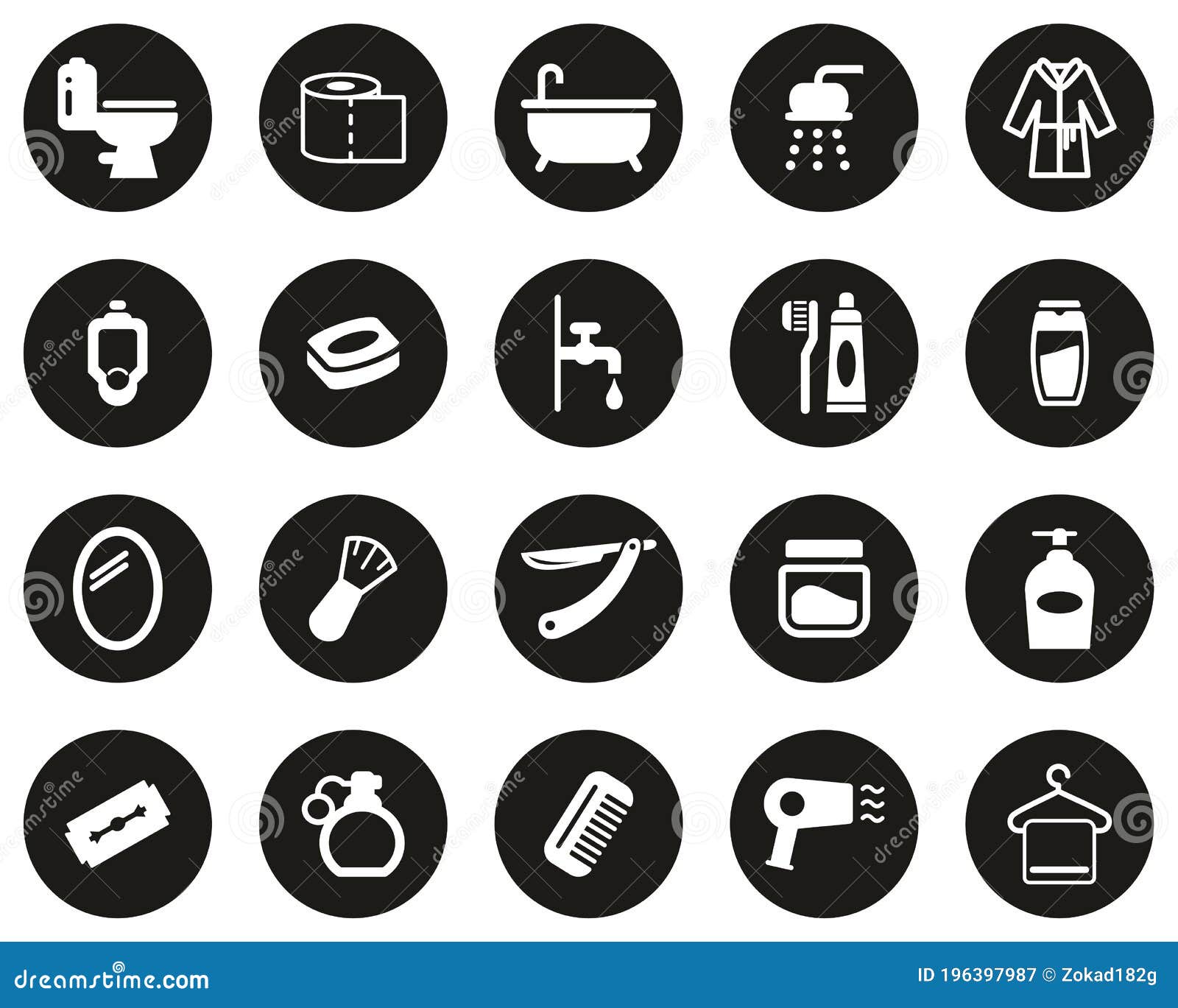 Bathroom or Shower Icons White on Black Flat Design Circle Set Big