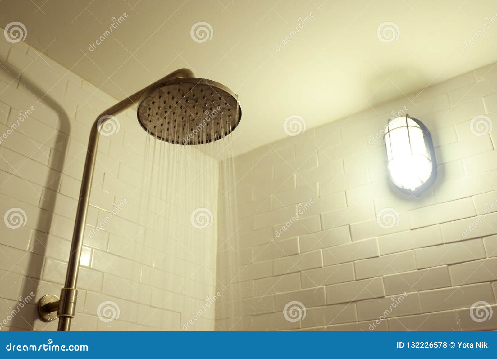 Bathroom Shower Place Interior With Water Leaking And Light