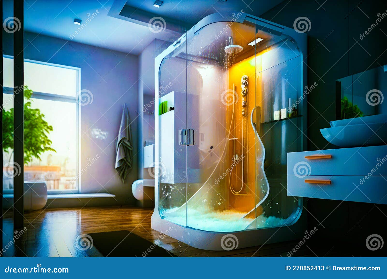 Bathroom with Shower and Sink Generative AI. Stock Illustration