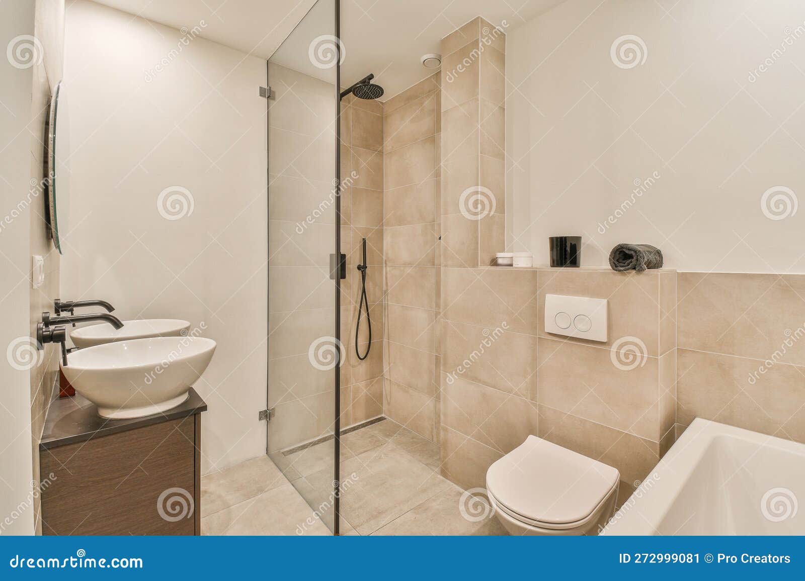 A Bathroom With A Shower Toilet Sink And Bath Tub Stock Image Image
