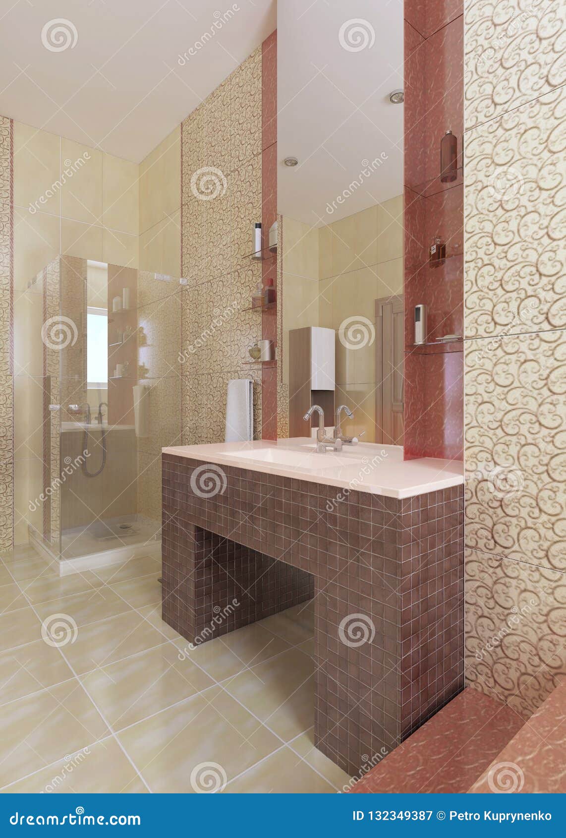 The Bathroom Sink Made Of Mosaic Burgundy Tiles With A