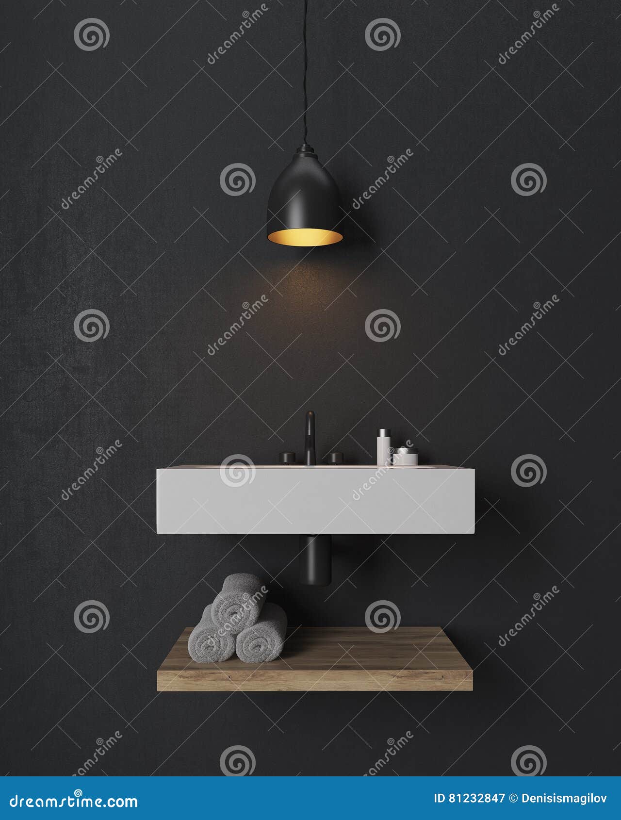 Bathroom Sink With Wooden Shelf Under It On Black Wall Stock