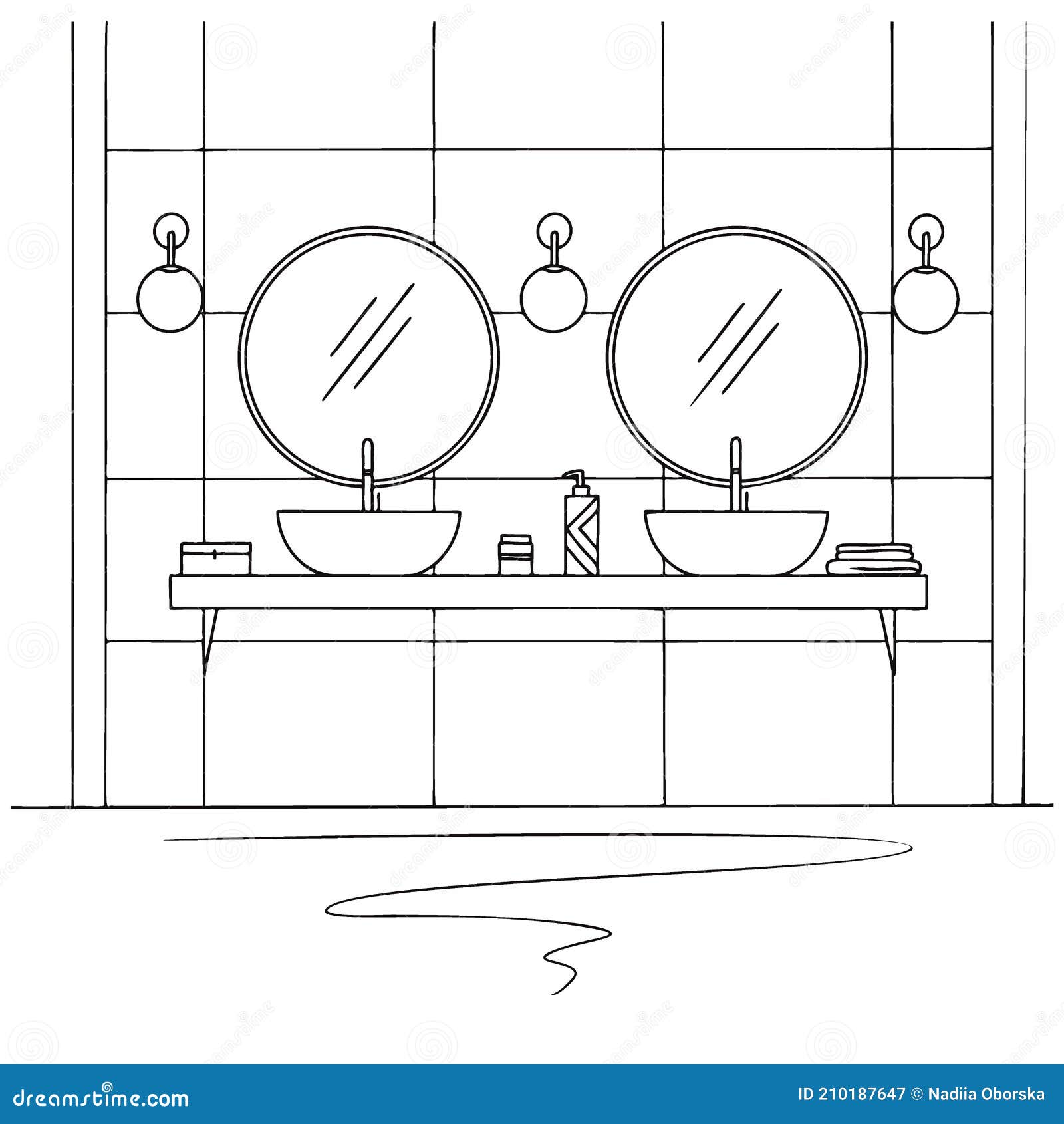 Bathroom Sketch. Two Washbasins, Two Round Mirrors and Other Design ...