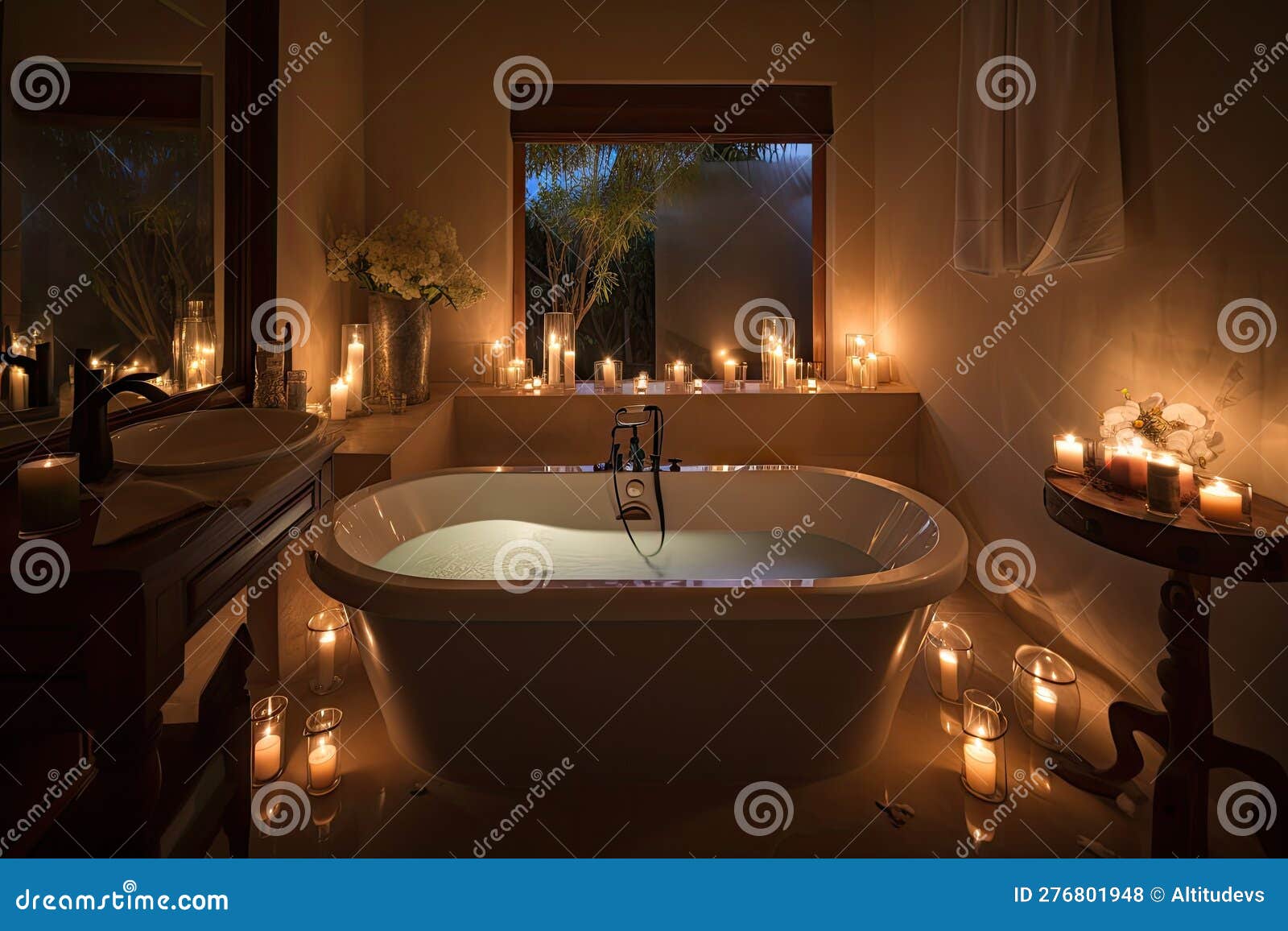 Bathroom, with Steamy Bubble Bath and Candles, for Peaceful and