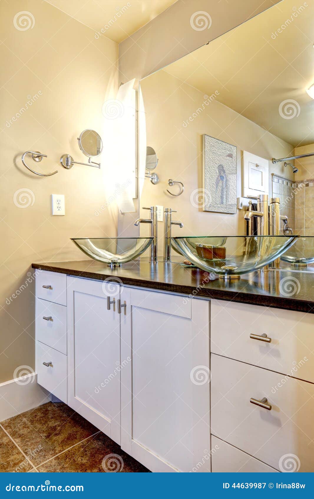 Bathroom Vanity Cabinet With Glass Vessel Sinks Stock Image