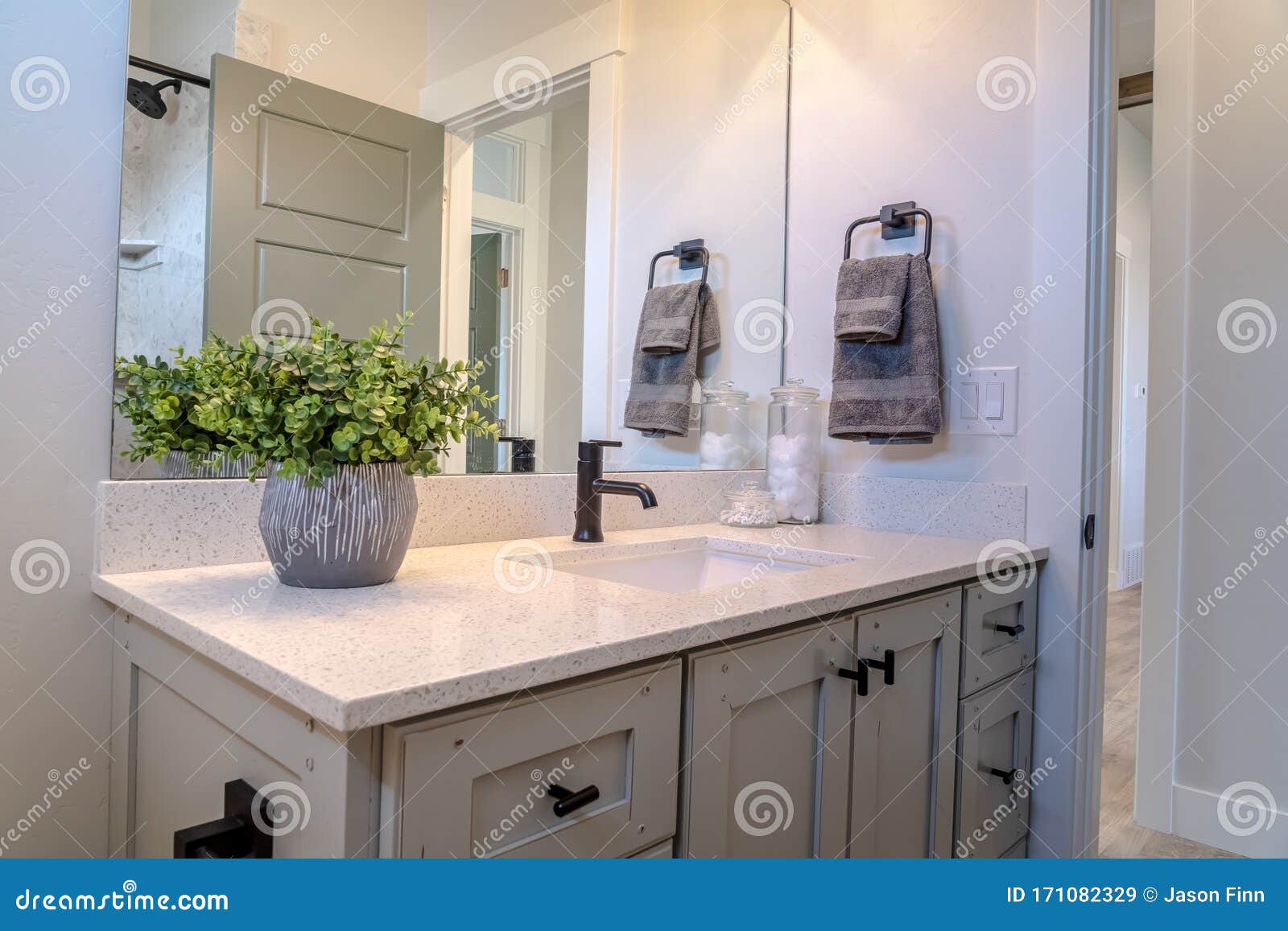 Bathroom Vanity Cabinet With Sink Black Faucet Ornamental Plant