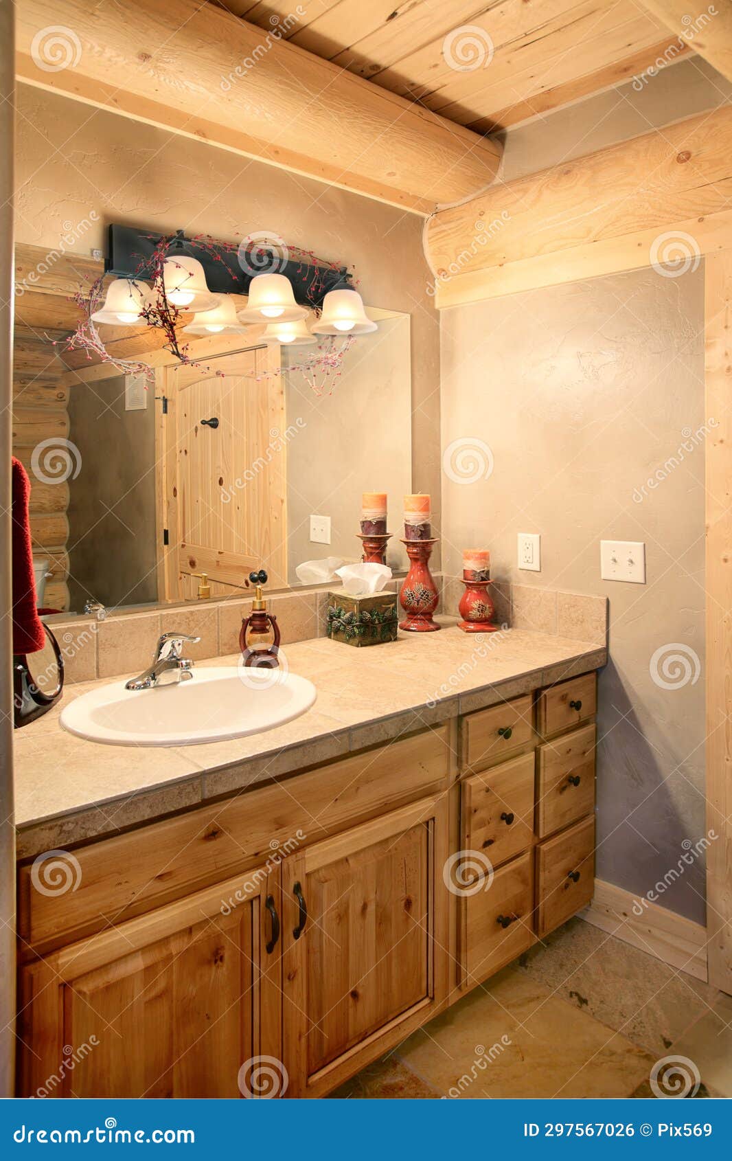 The Vanity in a Log Cabin Bathroom. Stock Photo Image of window