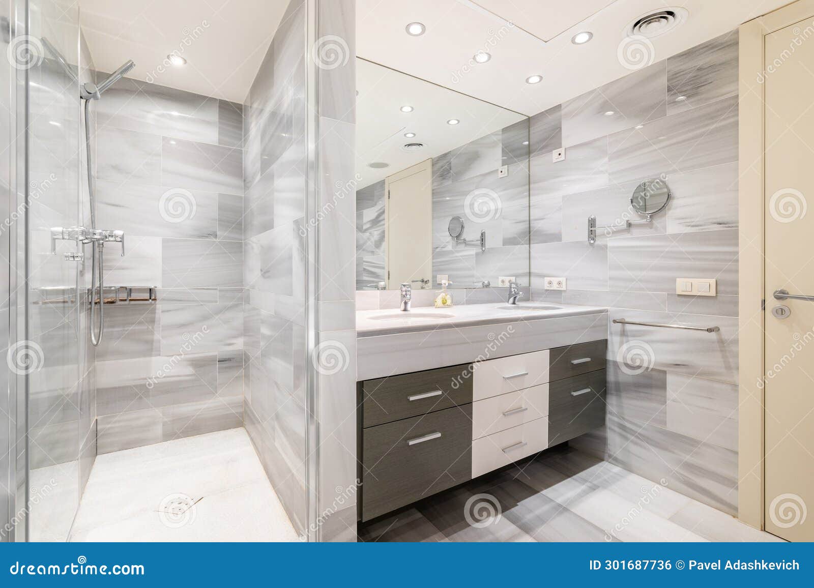 Bathroom with Wall Separating Washbasin with Vanity Unit from Shower