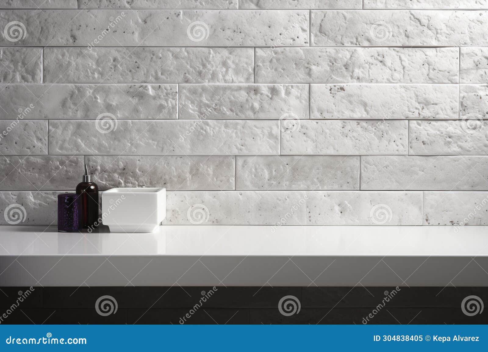 Bathroom Wall Wallpaper in Light Gray Marble Bricks with a Soap Dish on