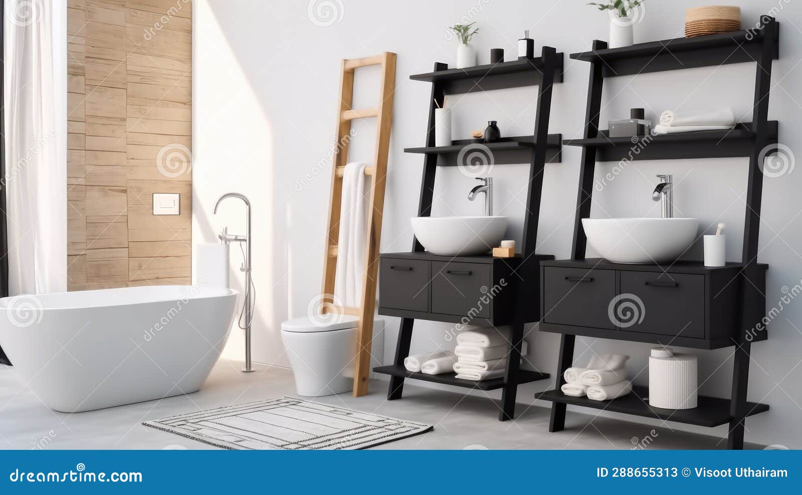 Bathroom and Wash Basin with Shelving Unit, Modern Bathroom Stock