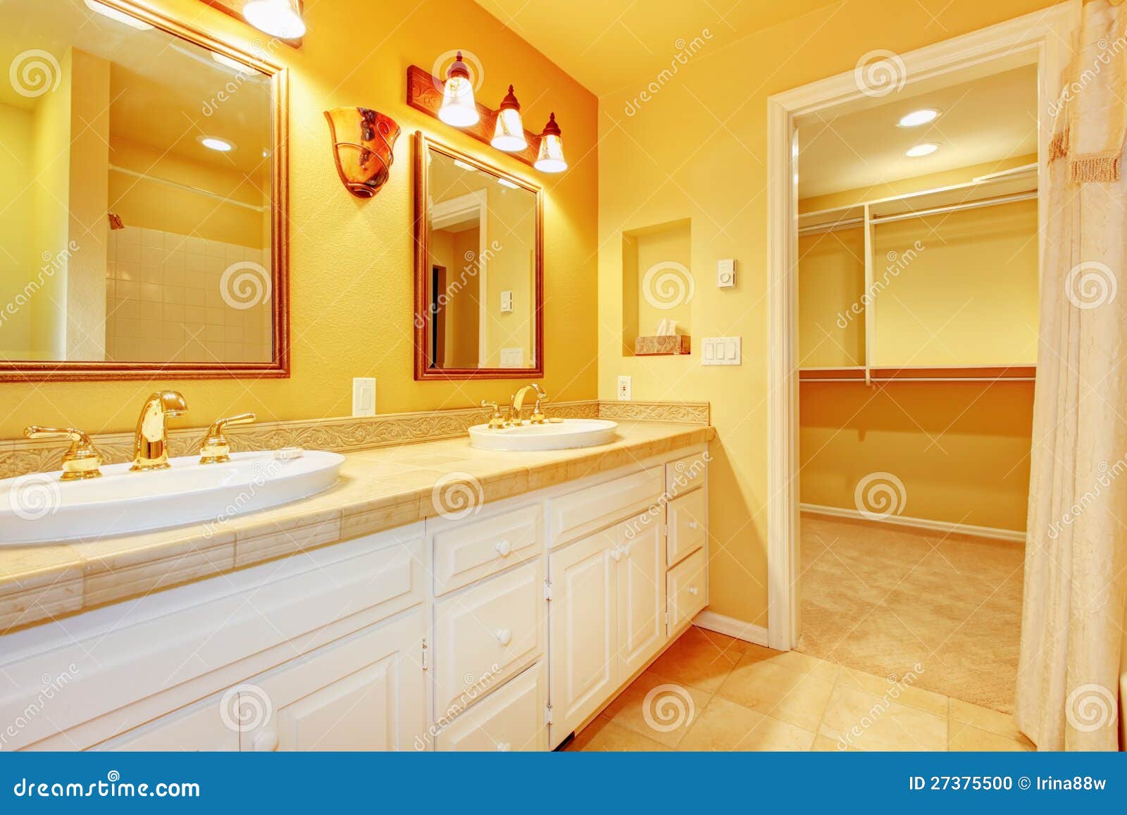 Bathroom with White and Gold Walls. Stock Photo Image of