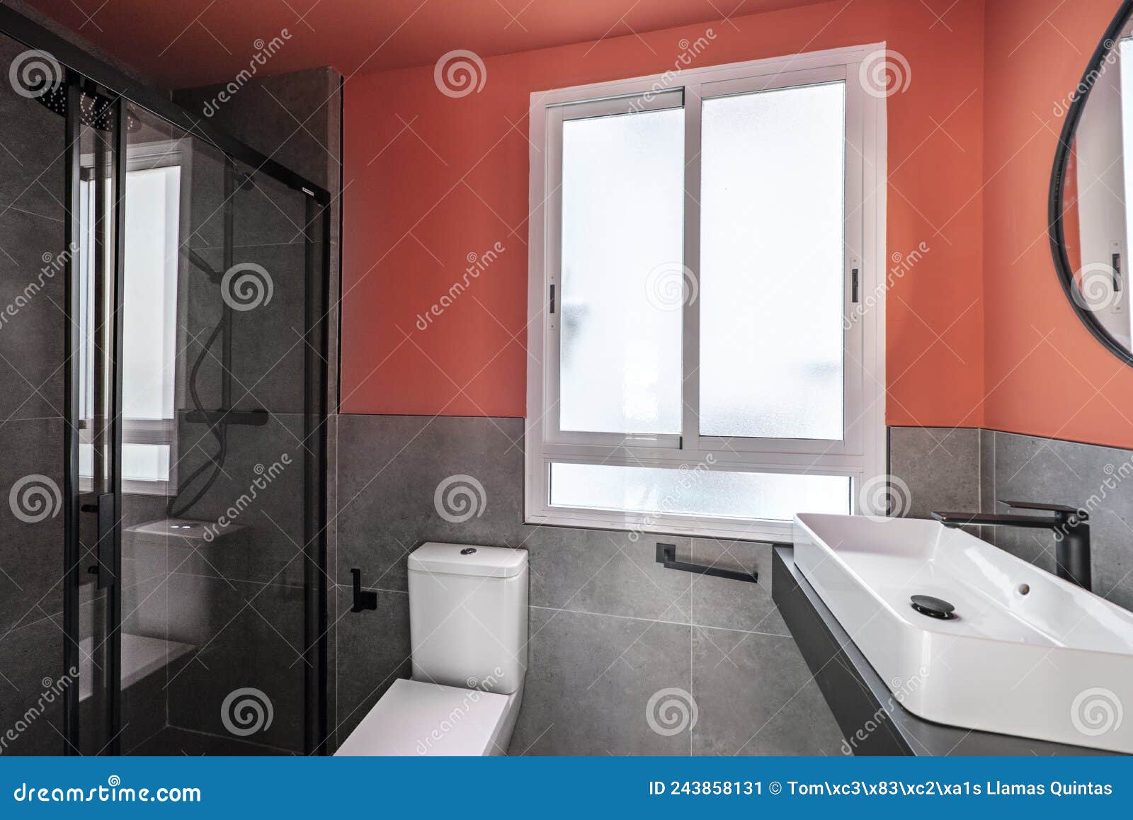 Bathroom with White Resin Vanity Unit and Sink, Frameless Rectangular