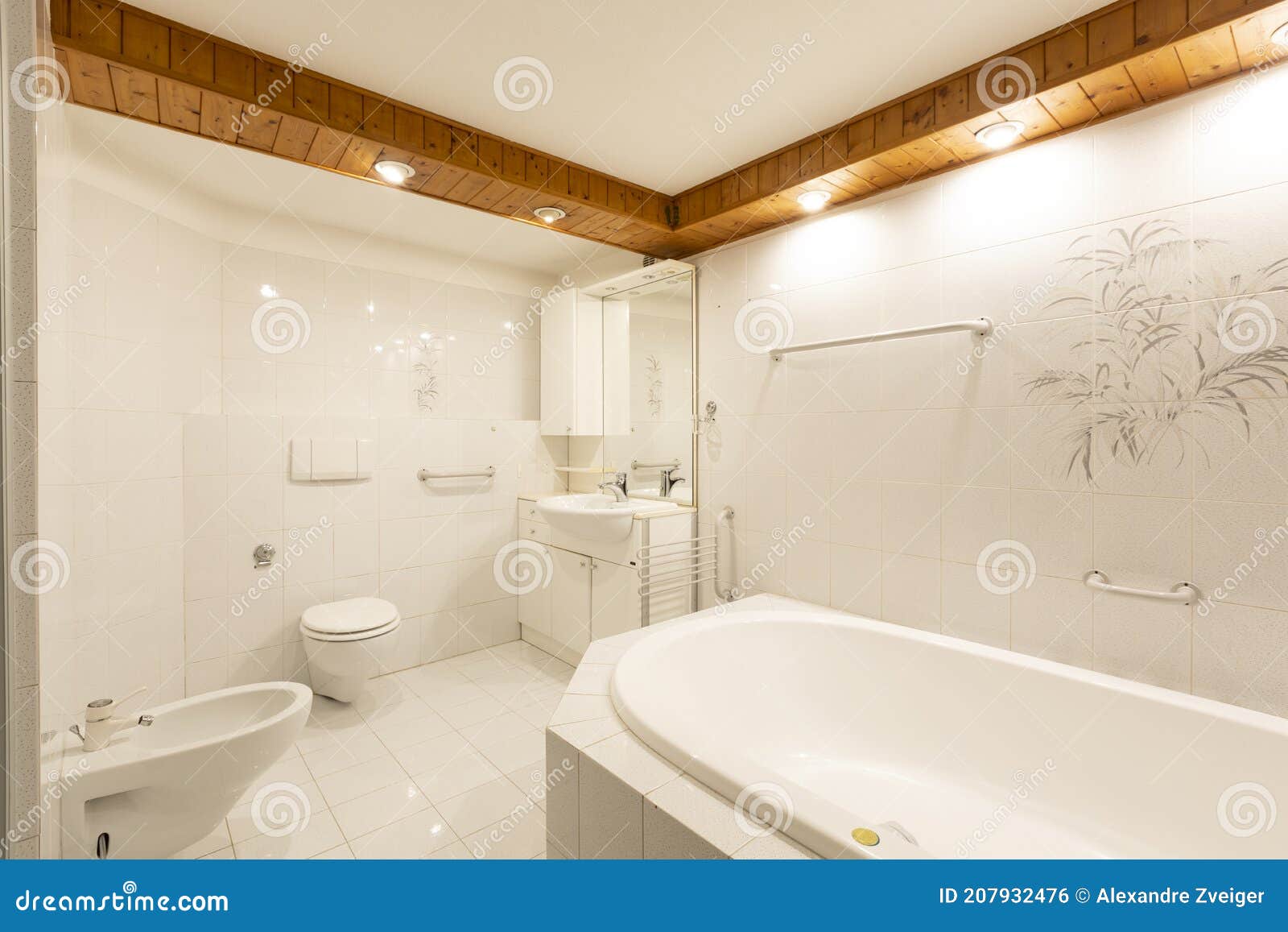 Bathroom with White Tiles and Wooden Ceiling Stock Photo Image of