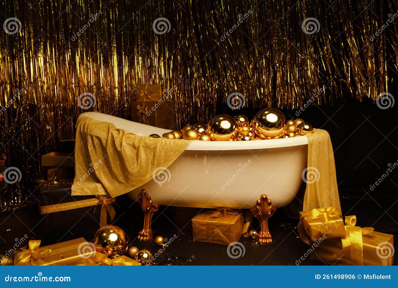 Bathtub Full of Golden Balls. Vintage Bright Bathroom Decorated with ...