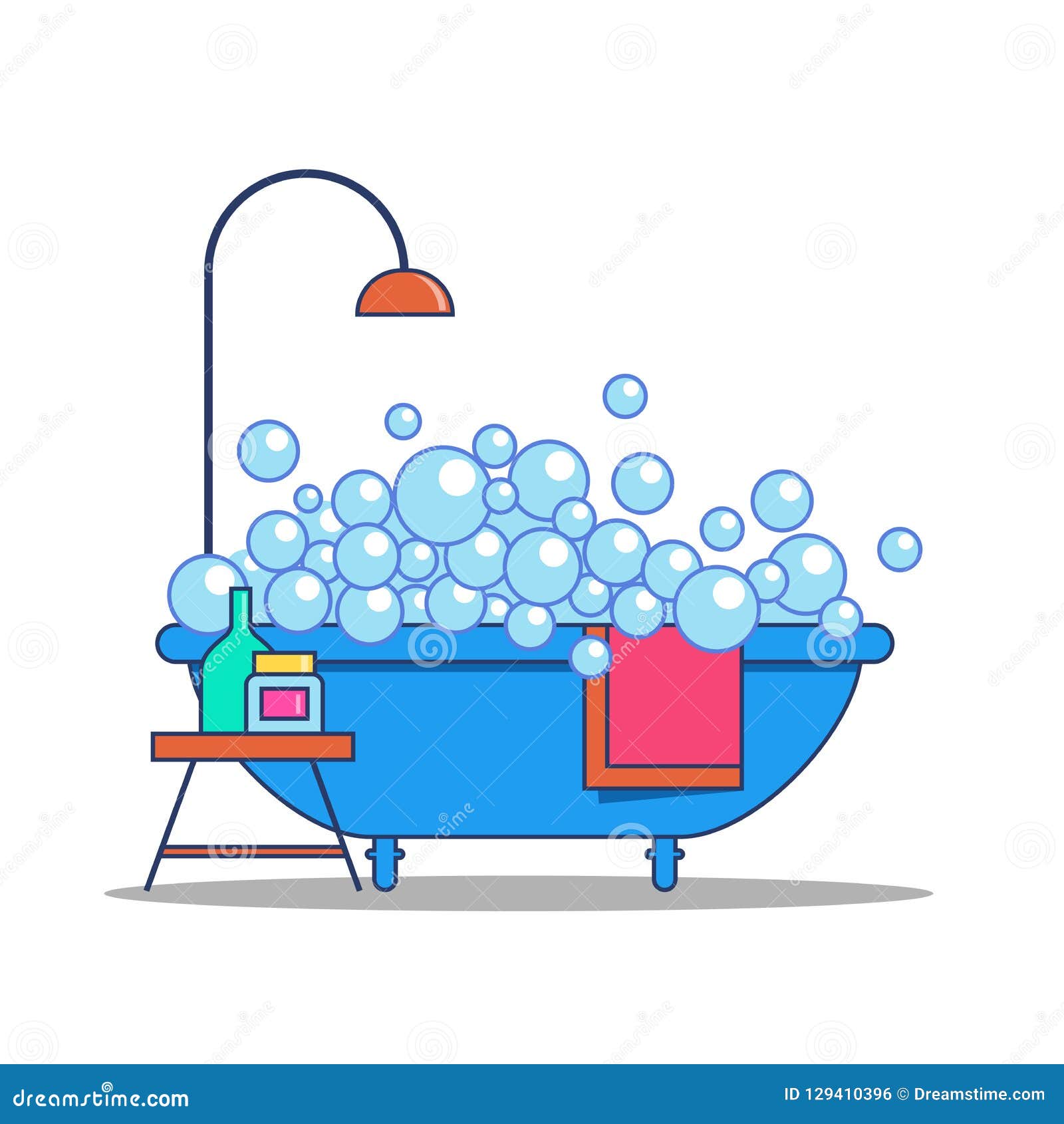 Bathtub with Soap Suds, Shower and Bathroom Accessories Stock Vector