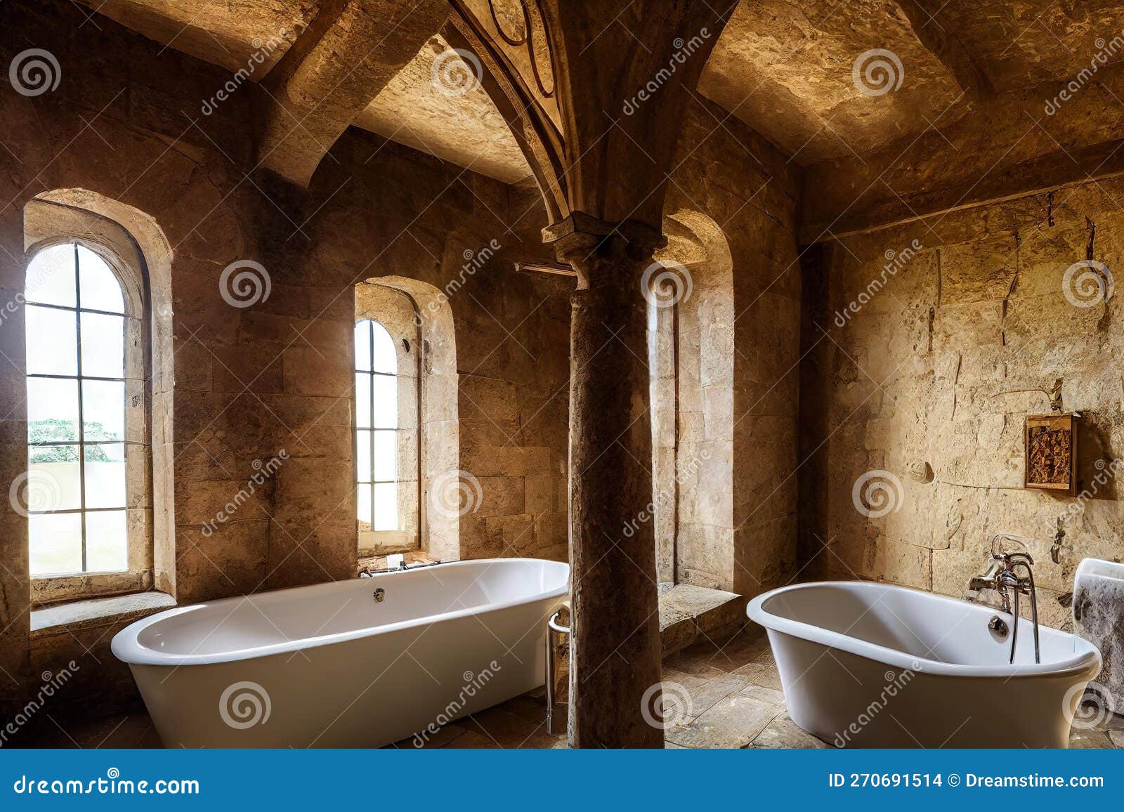Bathtubs in Ancient Stone Bathroom Interior with Windows Digital