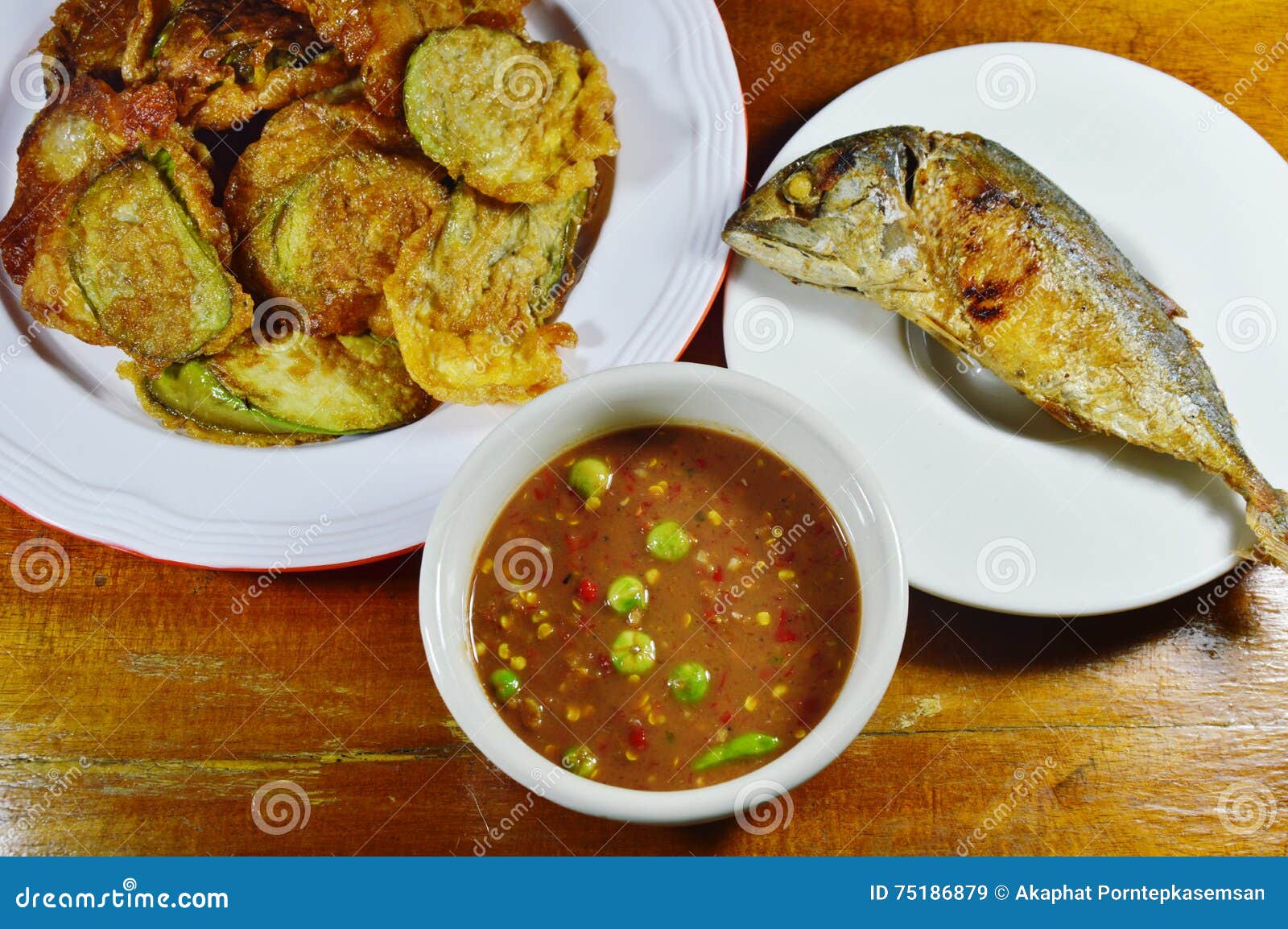 Batter Fried Eggplant in Egg and Mackerel with Spicy Shrimp Paste Sauce