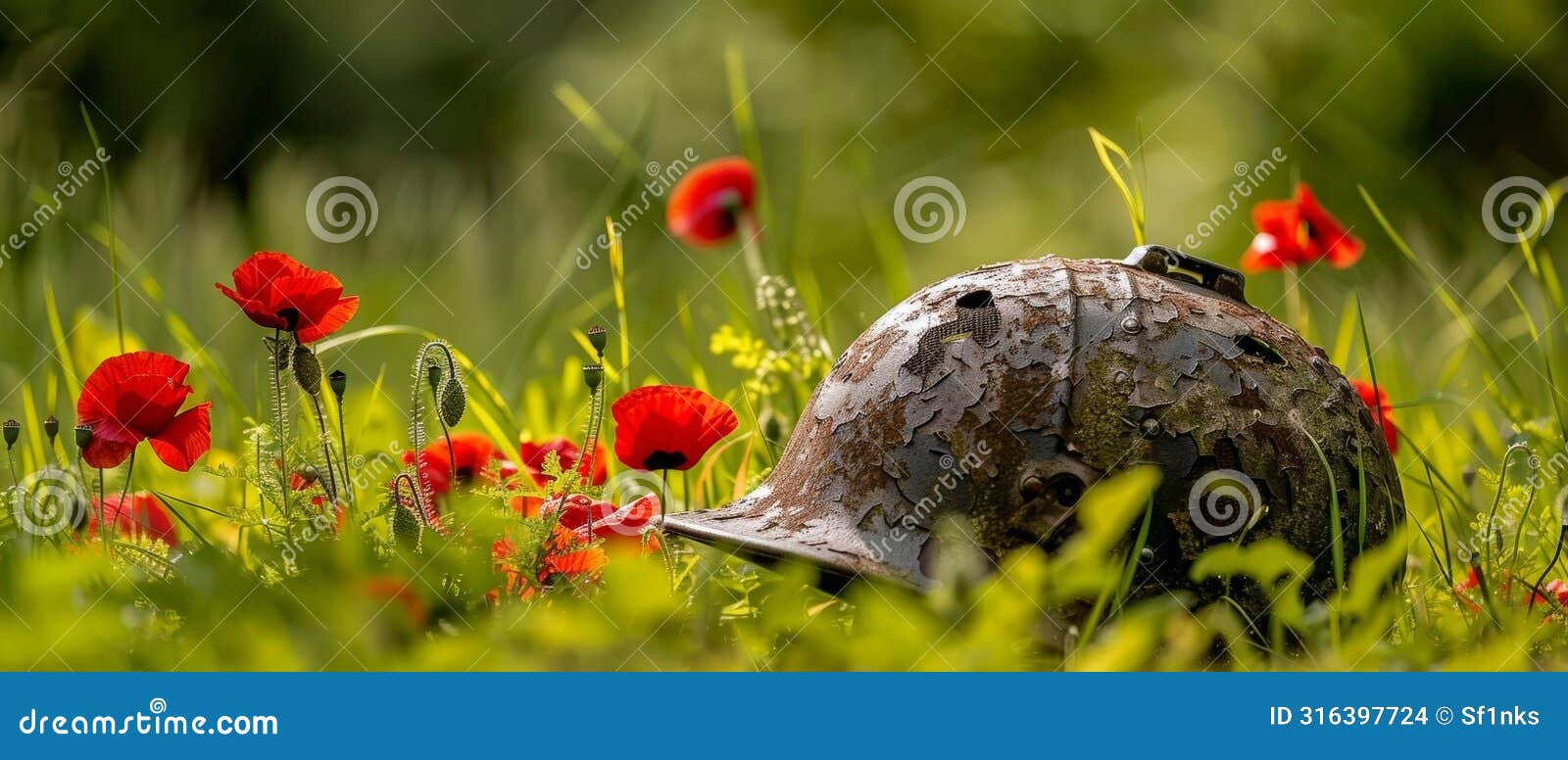 a battered military helmet rests amidst a sea of vibrant red poppies, a poignant juxtaposition of the harsh