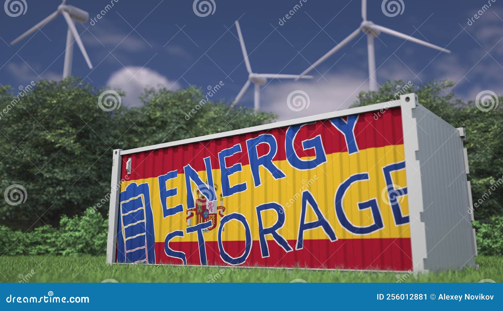 Battery with Flag of Spain and ENERGY STORAGE Text at Wind Generators