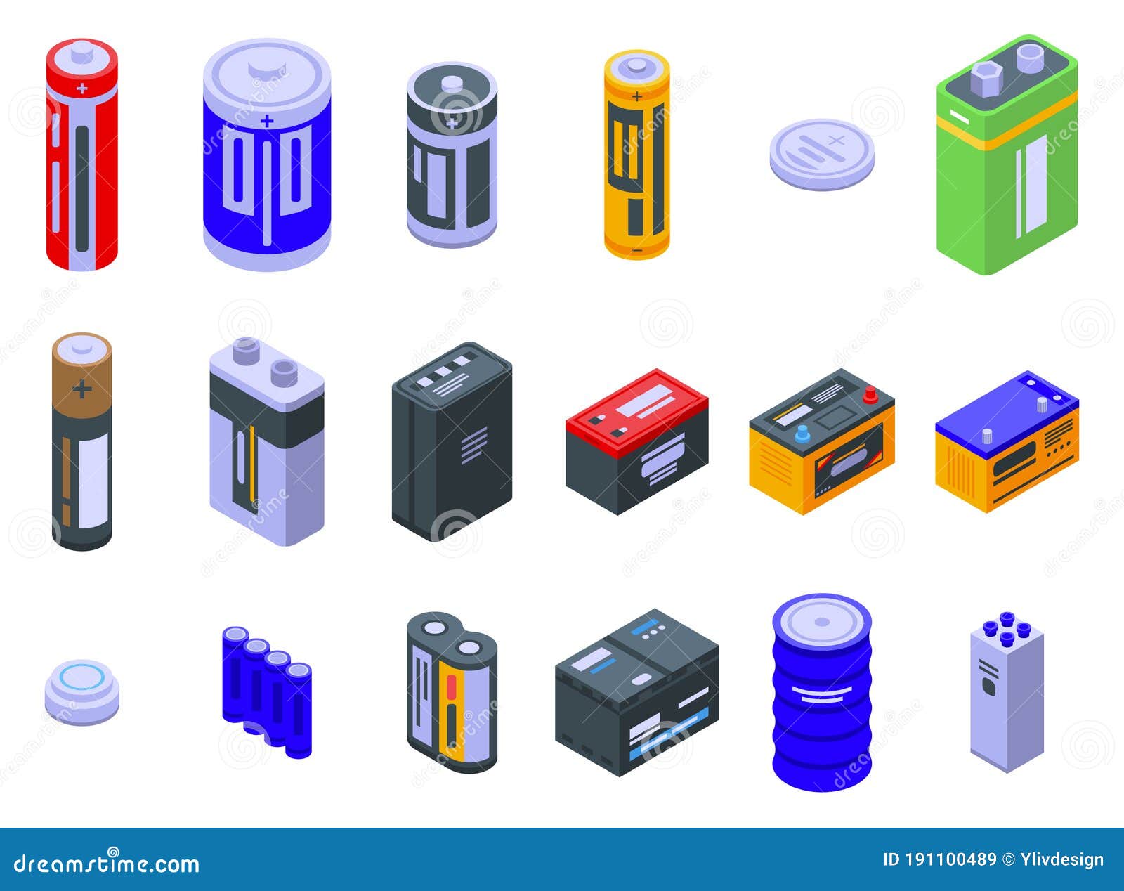 battery icons set, isometric style