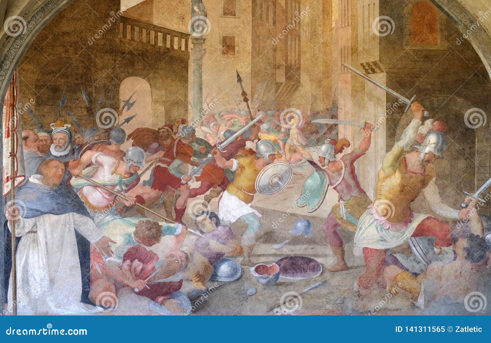 battle between catholics and heretics at the time of st. peter the martyr, fresco in santa maria novella church in florence