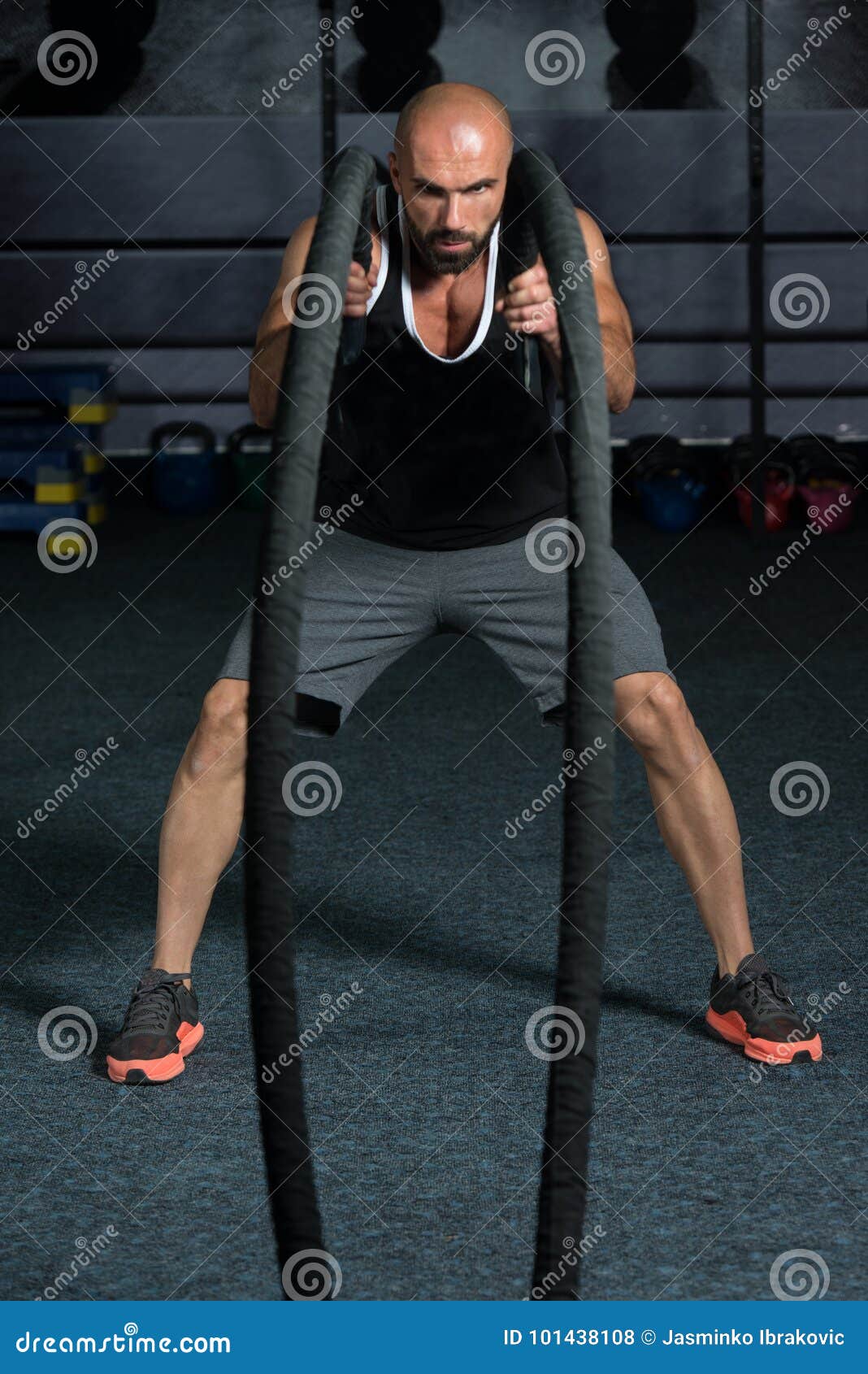 Battling Ropes Young Man at Gym Workout Exercise Stock Photo Image of