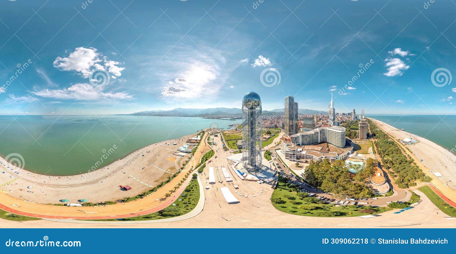 batumi georgia dron image with 3d spherical air panorama with 360 degree viewing angle. old town. alphabet tower. ready for