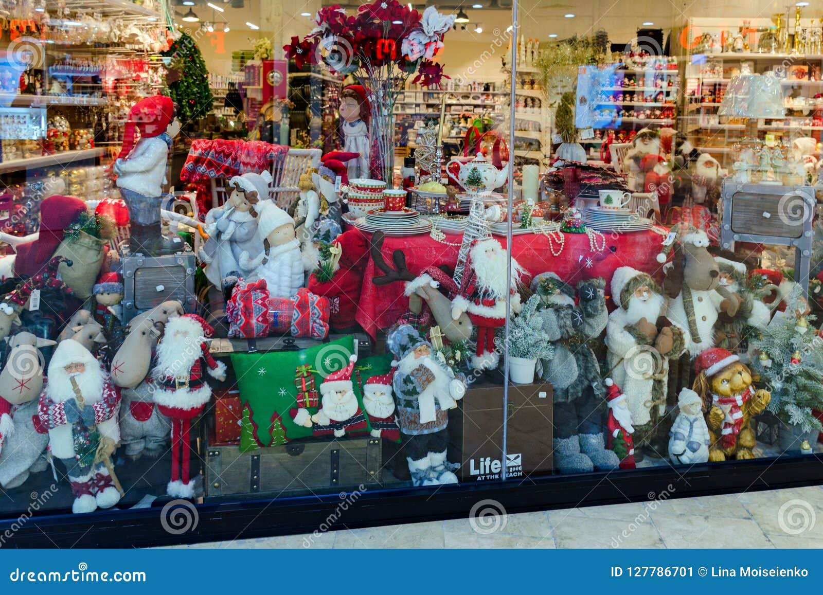 Shop Window with New Year Items, Decor, Toys - Santa Claus, Bears ...