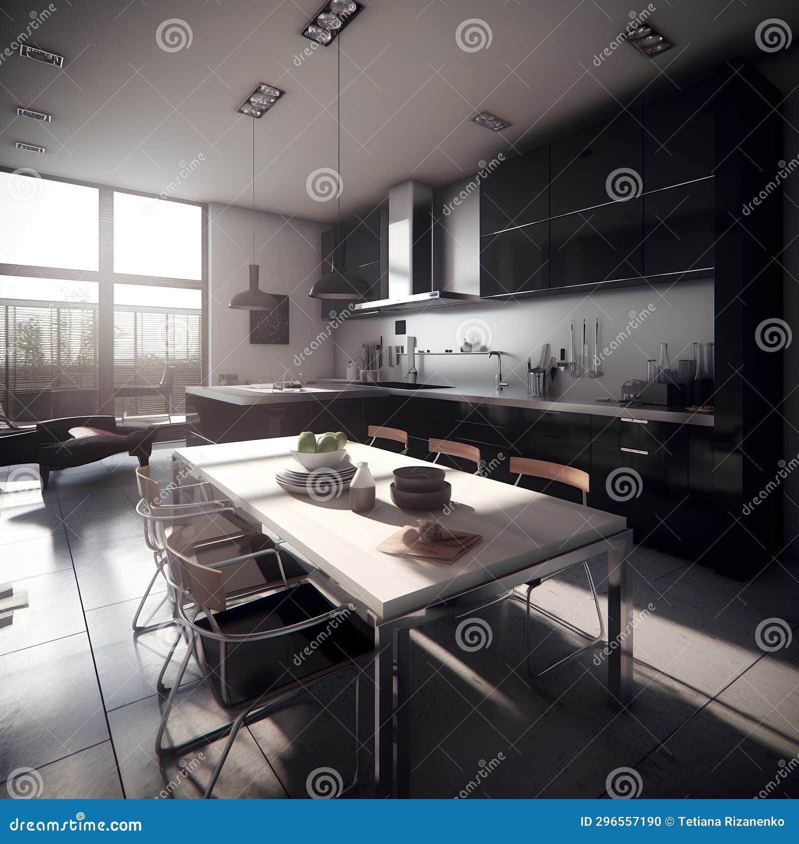 Bauhaus Style Kitchen Interior in Dark Colors Stock Illustration