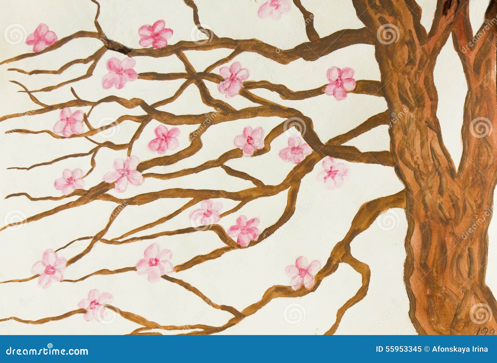 Baum Mit Den Rosa Blumen, Malend Stock Abbildung Illustration von