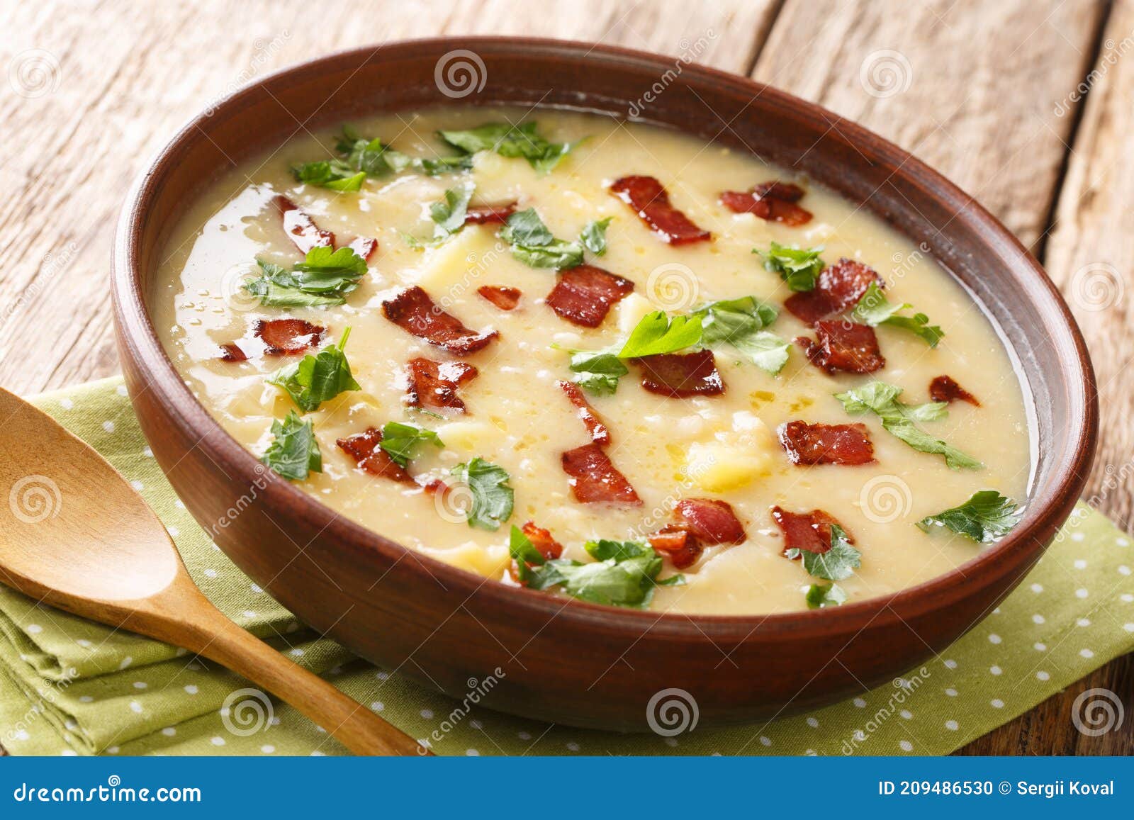 bavarian rumford pea and barley soup with bacon close-up in a plate. horizontal