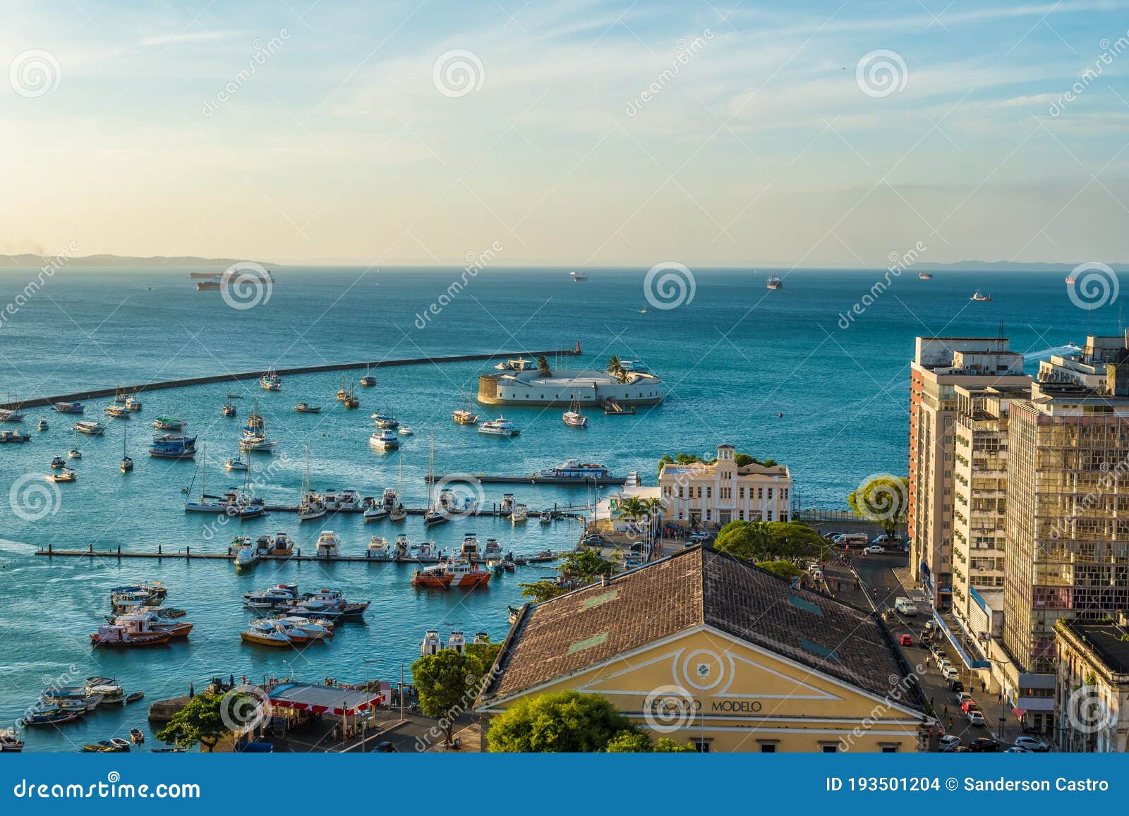 bay of all saints, the lacerda elevator viewpoint of view, with part of the building of the mercado modelo in salvador, bahia,