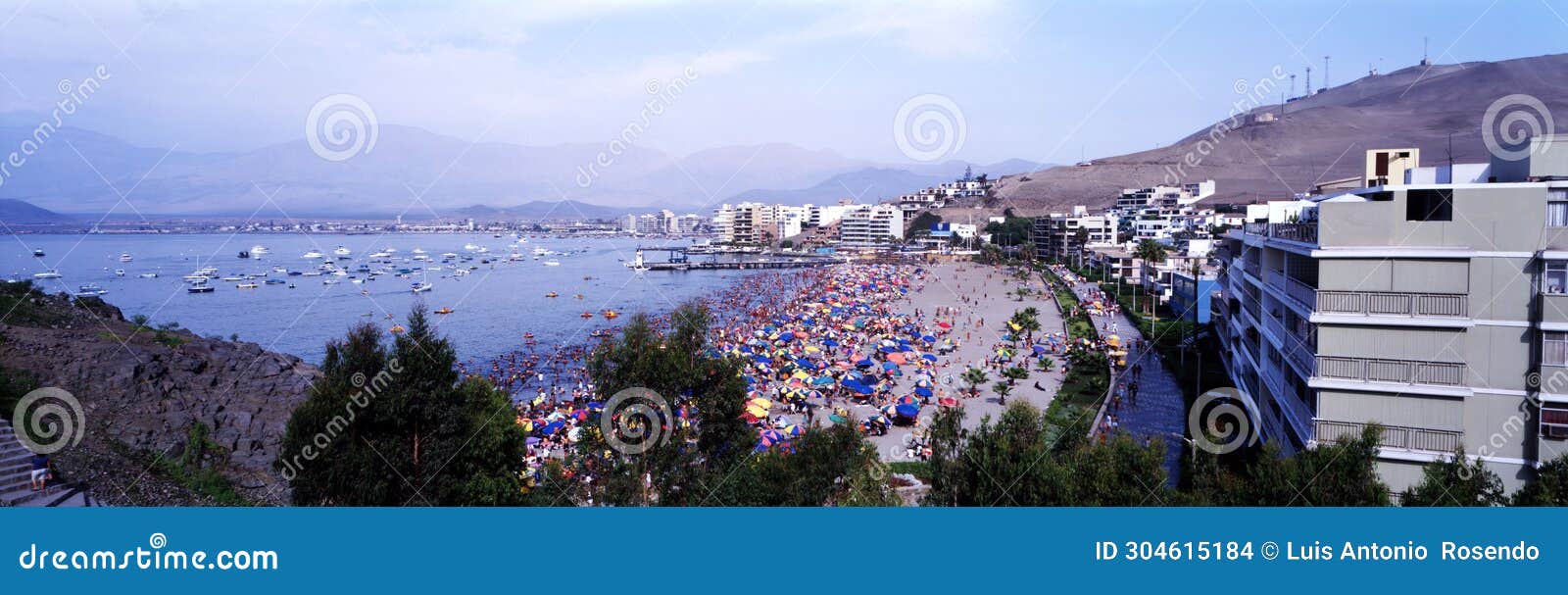 bay of ancon, lima peru panoramic viux town with beach with boat luxury building