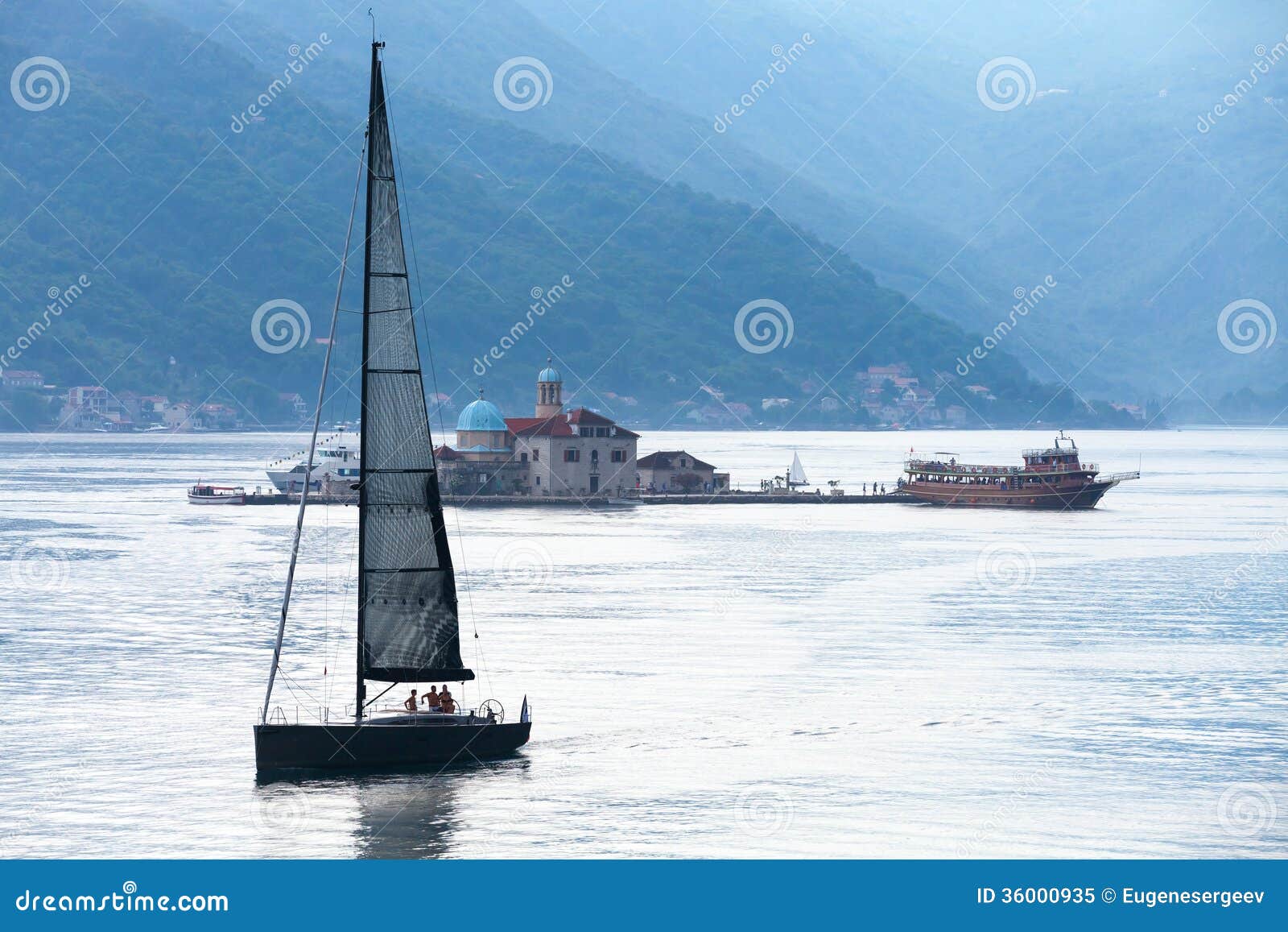 Bay of Kotor. Small Island and Yacht Stock Image - Image of landmark