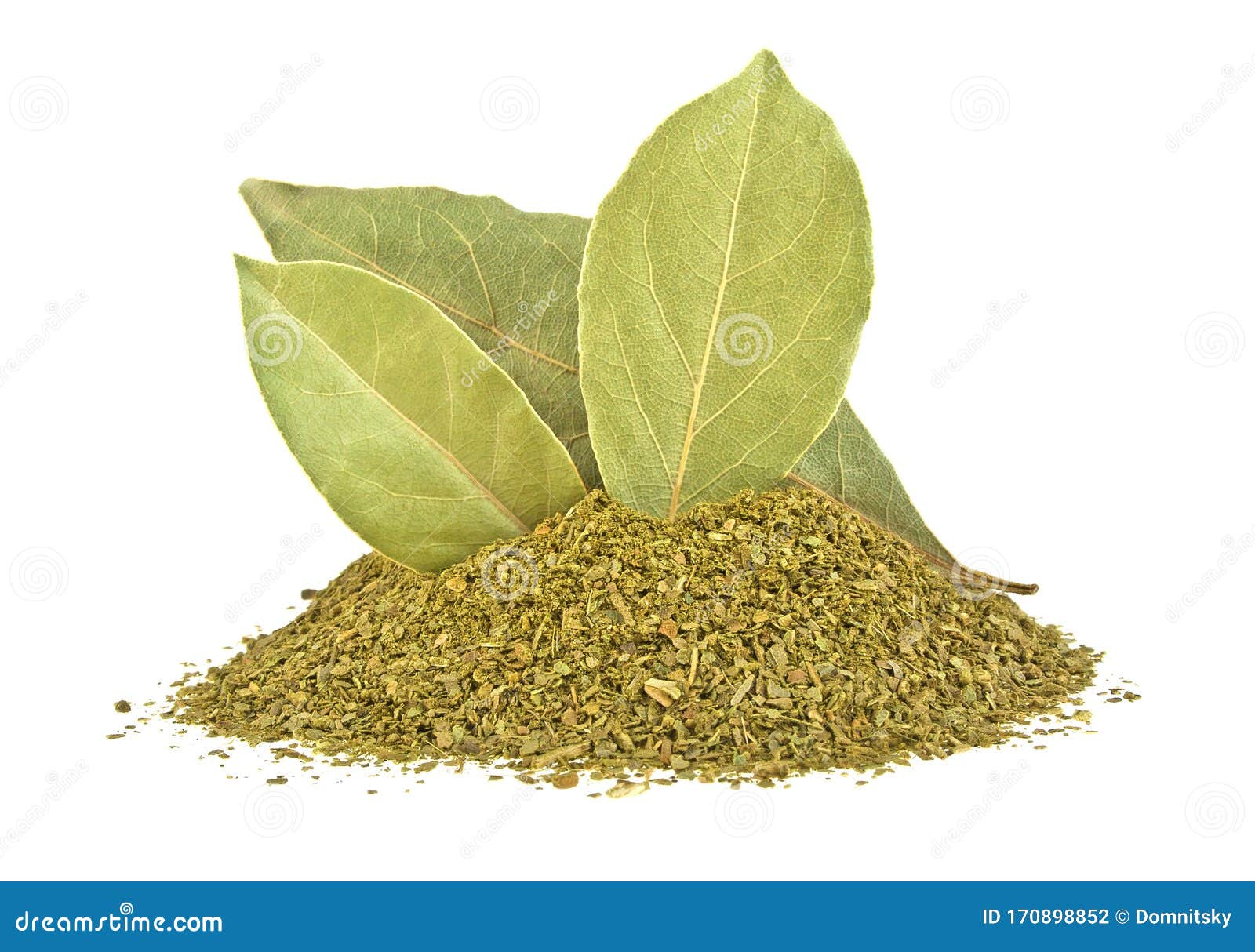 Bay Leaves and Crushed Bay Leaves Isolated on White Background Stock
