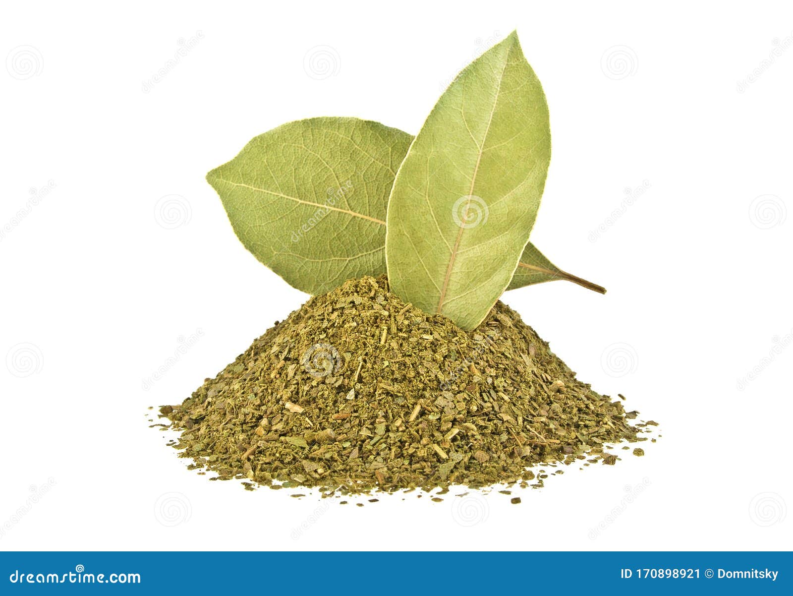 Bay Leaves and Crushed Bay Leaves Isolated on White Background Stock