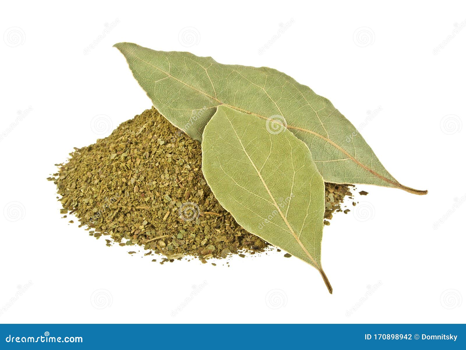 Bay Leaves and Crushed Bay Leaves Isolated on White Background Stock