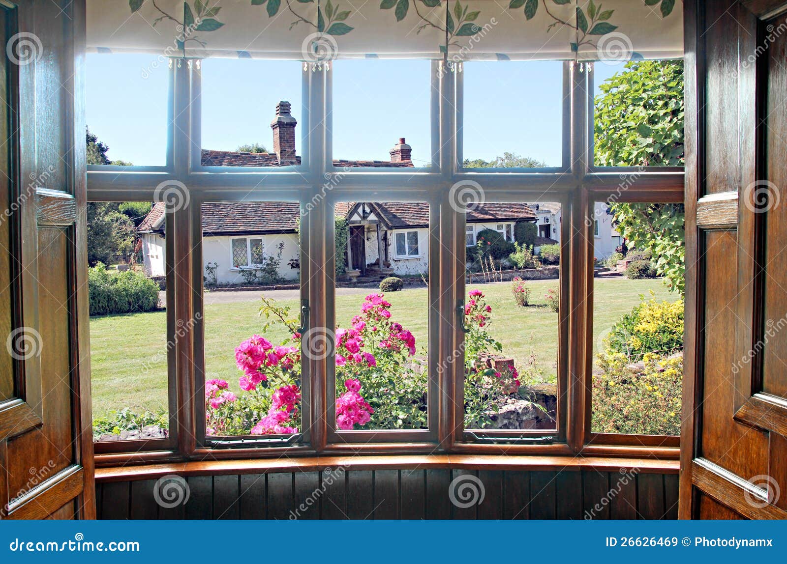 Bay window cottage garden stock image. Image of blind 26626469