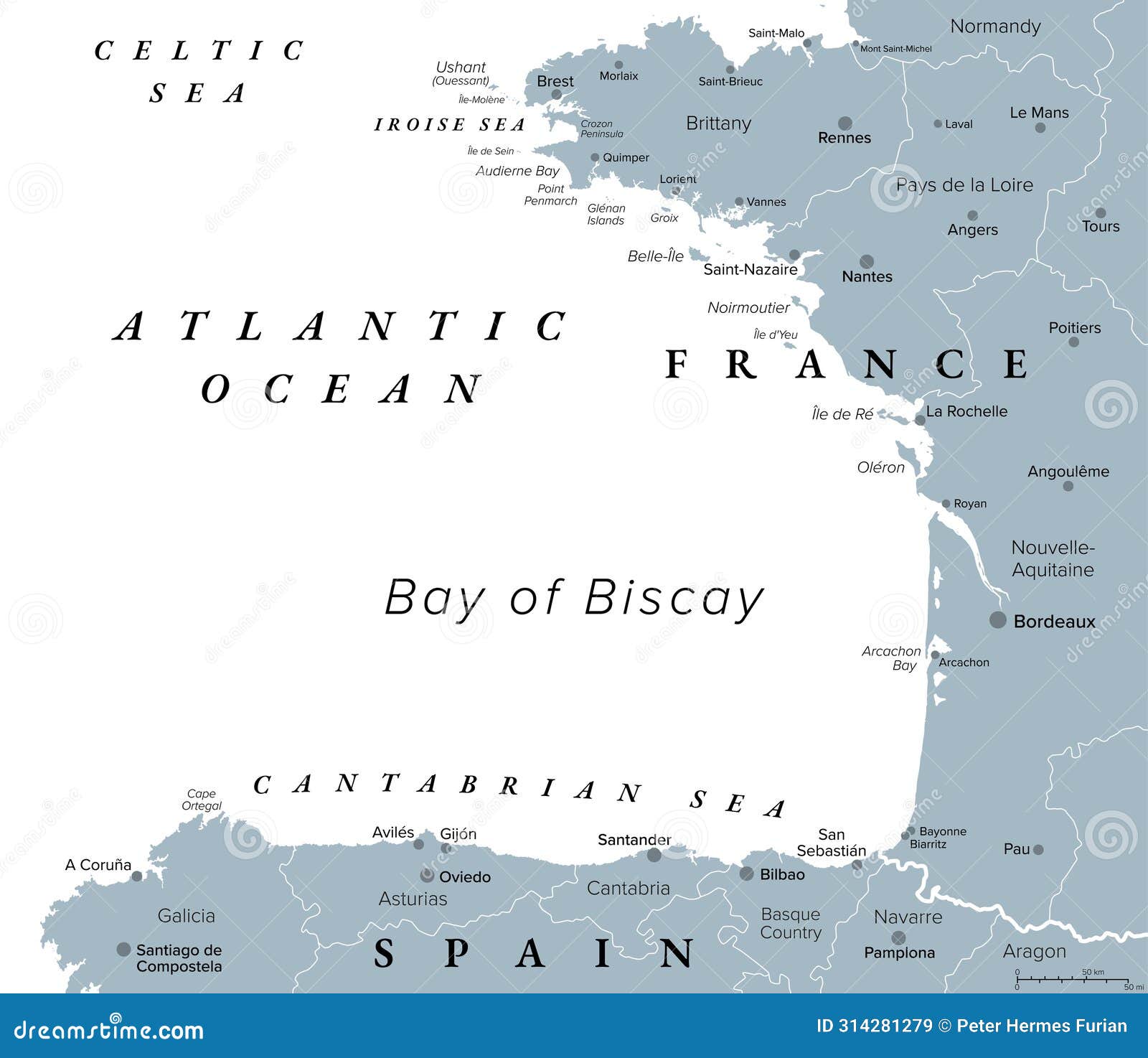 bay of biscay, also known as gulf of gascony, gray political map