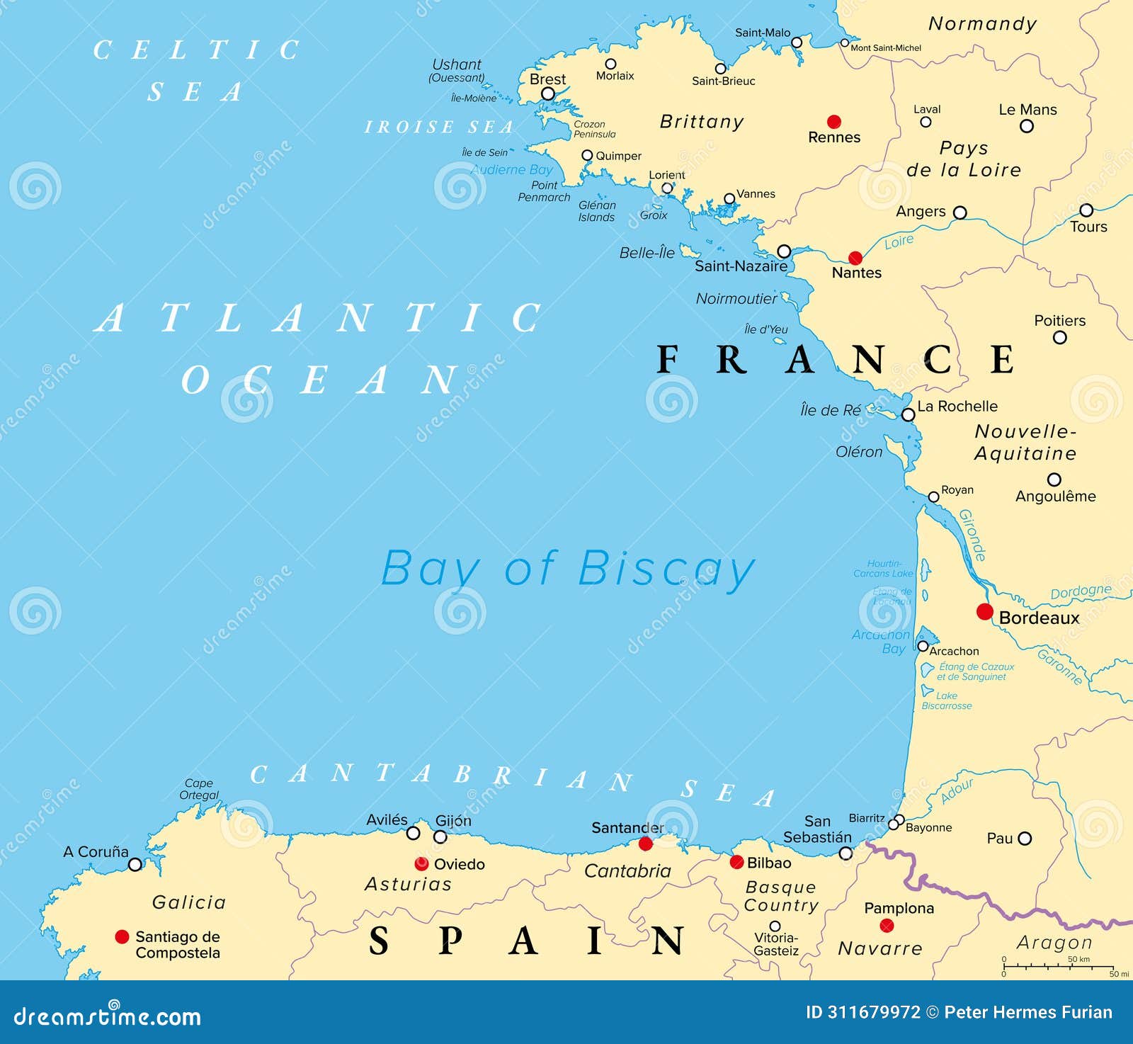 bay of biscay, also known as gulf of gascony, political map