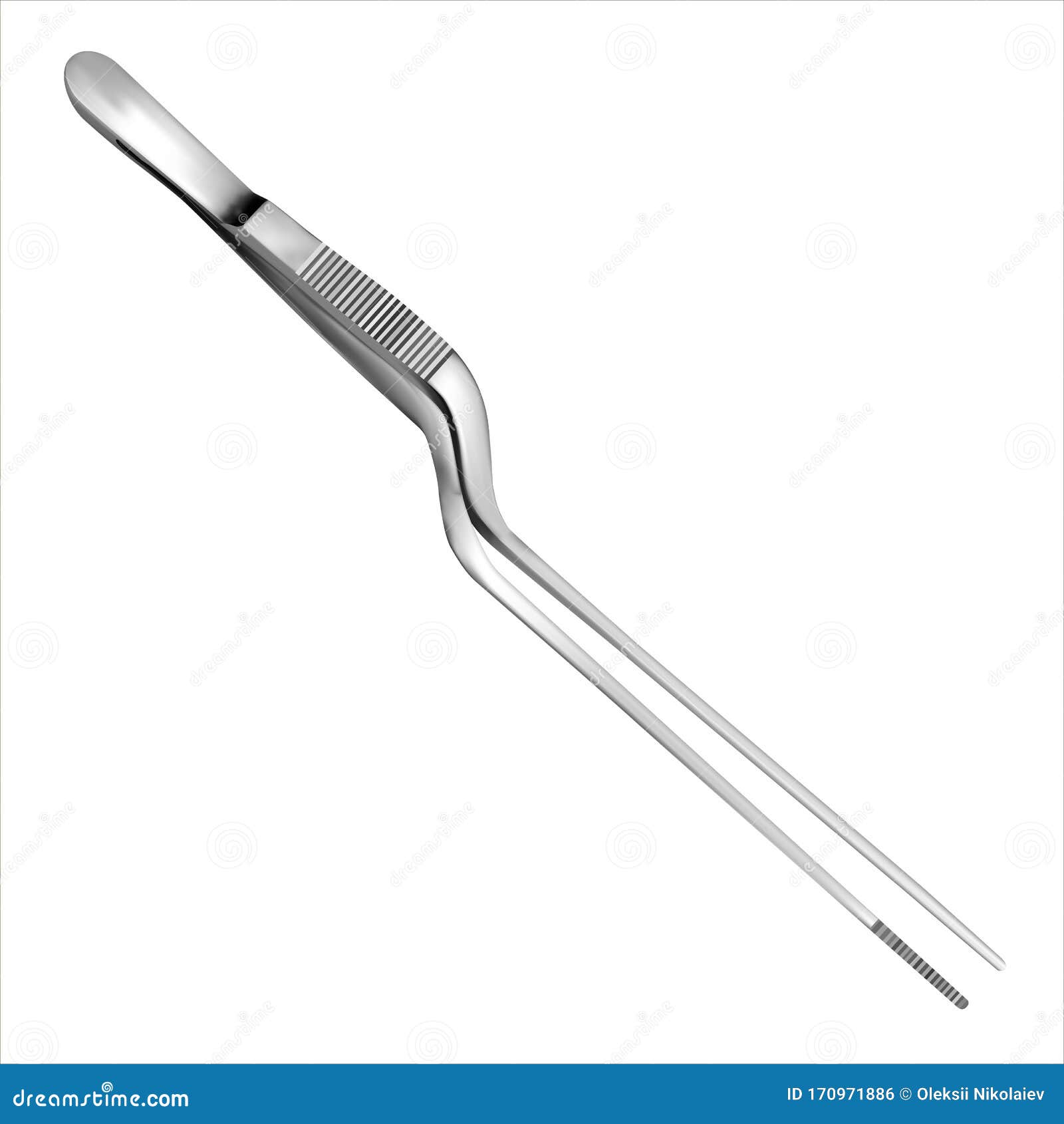 Set of tweezers. Long serrated angled tweezers, anatomical forceps, dental  straight surgical pincers, curved tweezers, bayonet pincette. Manual  surgical instrument. Isolated objects. Vector, Stock vector