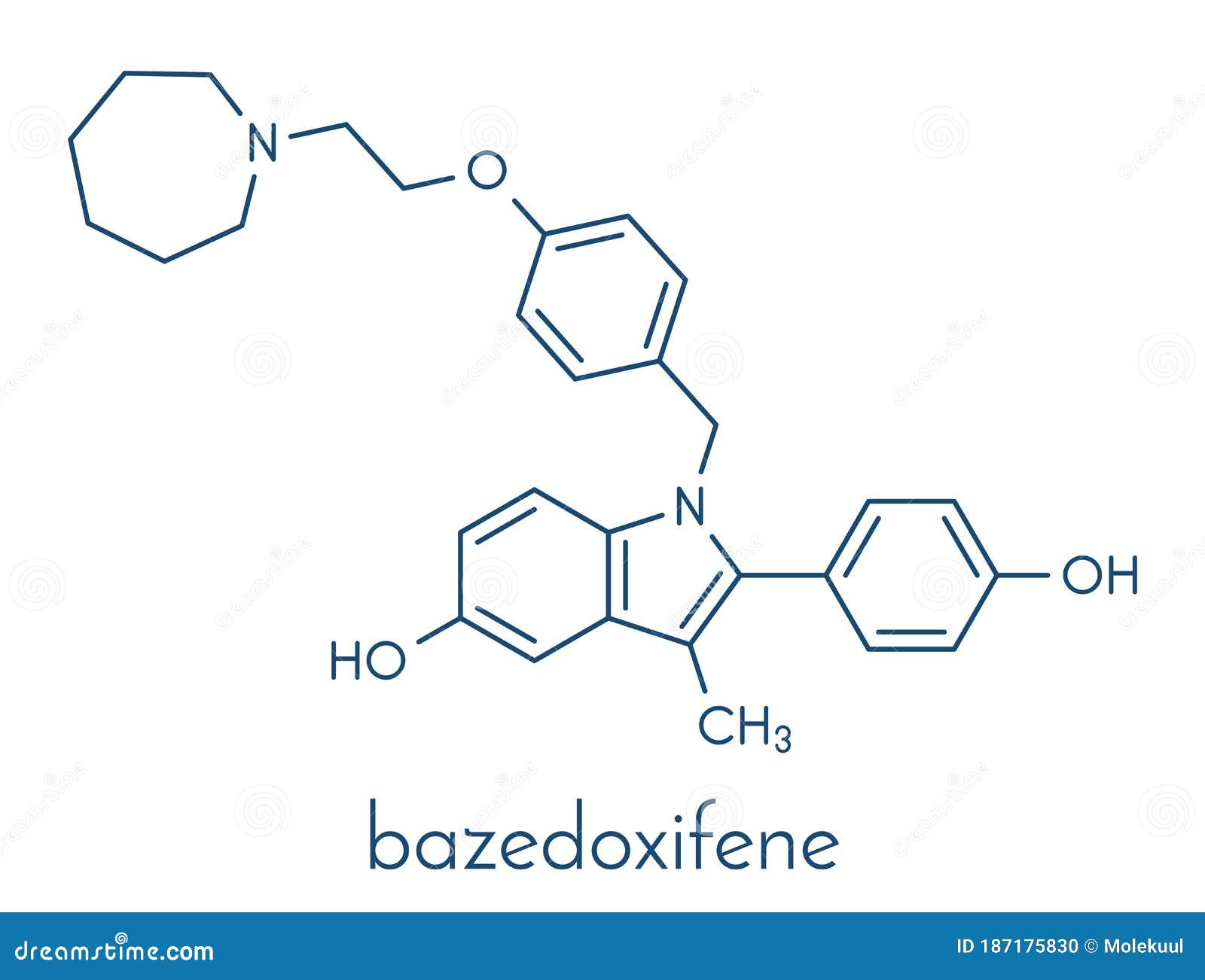 bazedoxifene postmenopausal osteoporosis prevention drug molecule. selective estrogen receptor modulator serm. skeletal formula.