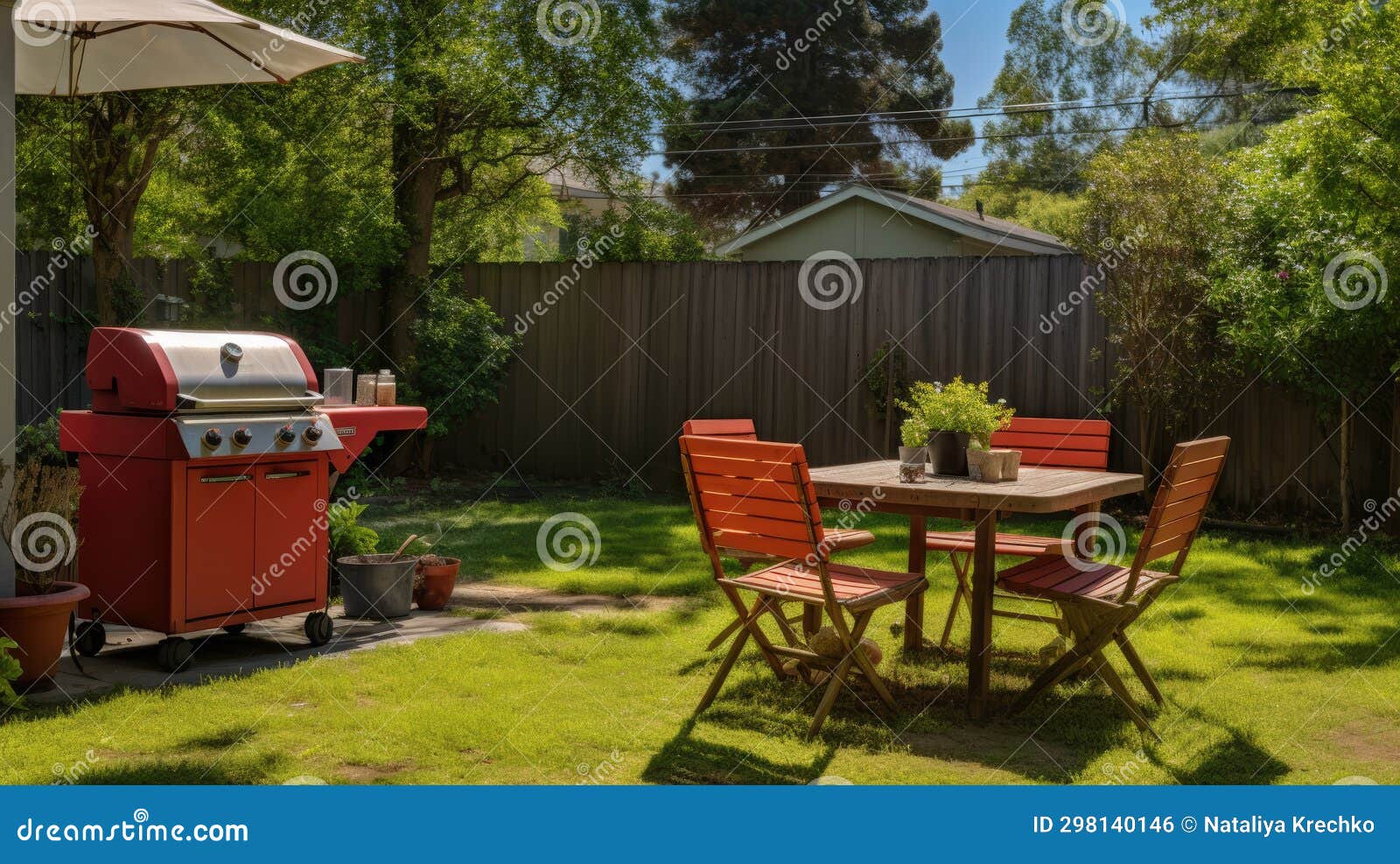 BBQ Backyard with Table and Chairs, Grill. Backyard Picnic Area Stock