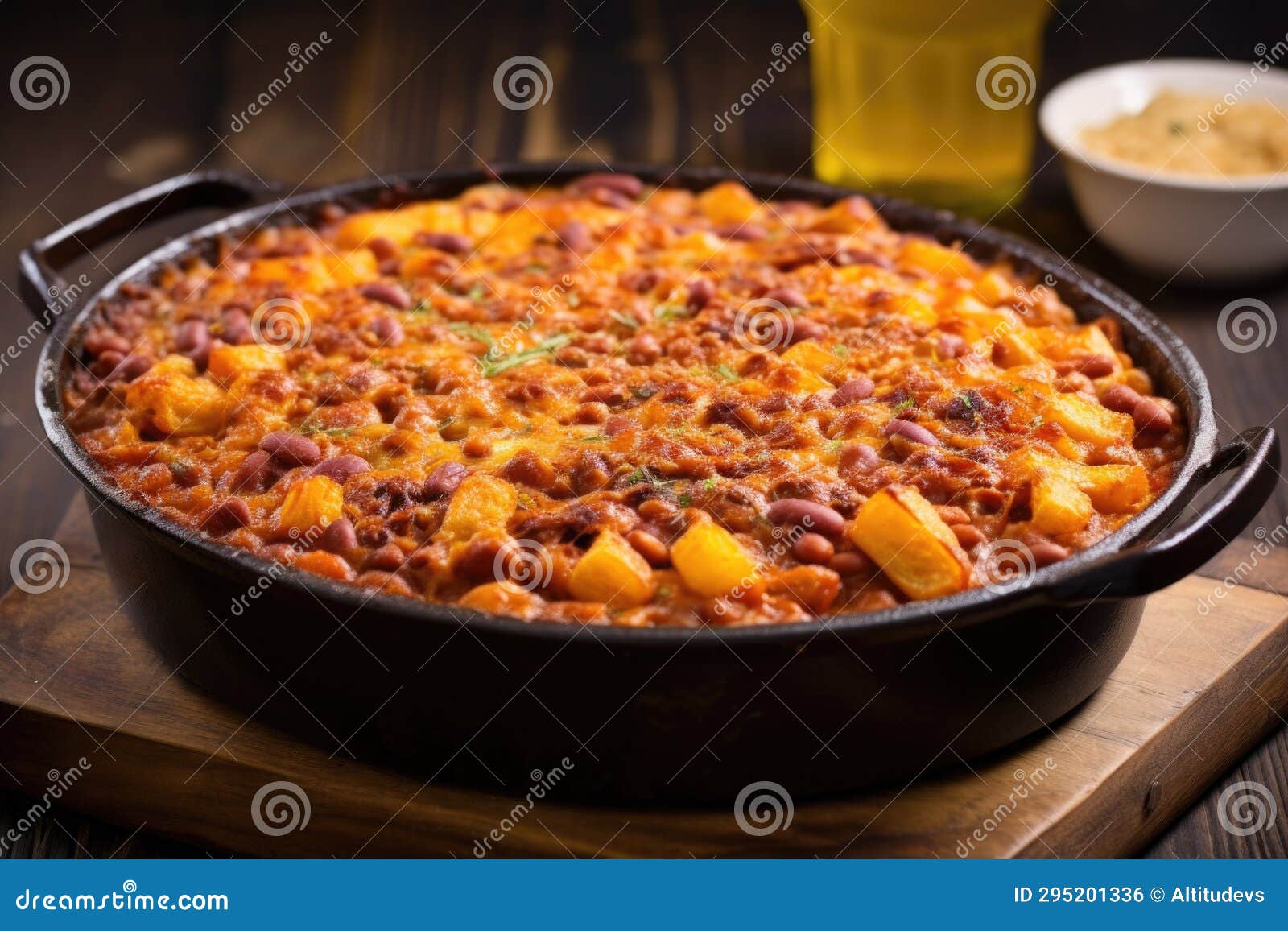 Bbq Baked Beans with Cheese Melted on Top in Casserole Stock Photo