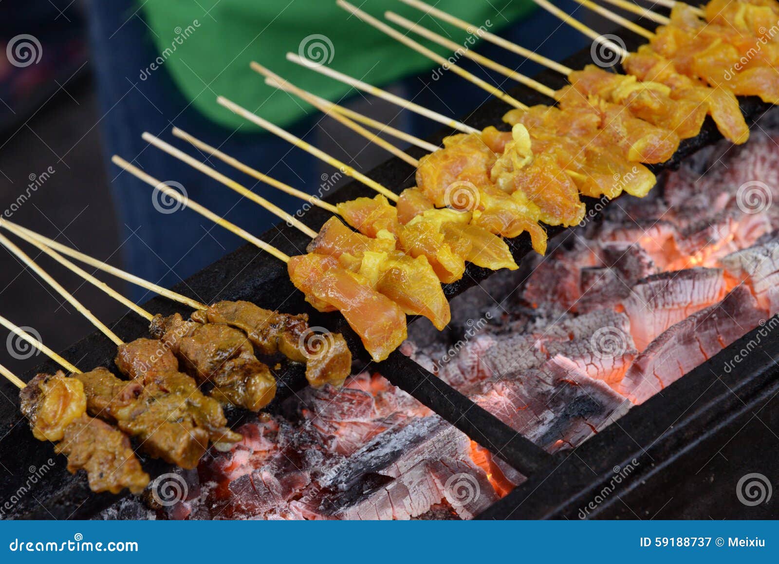 BBQ Chicken Satay on Grill stock image. Image of flames 59188737