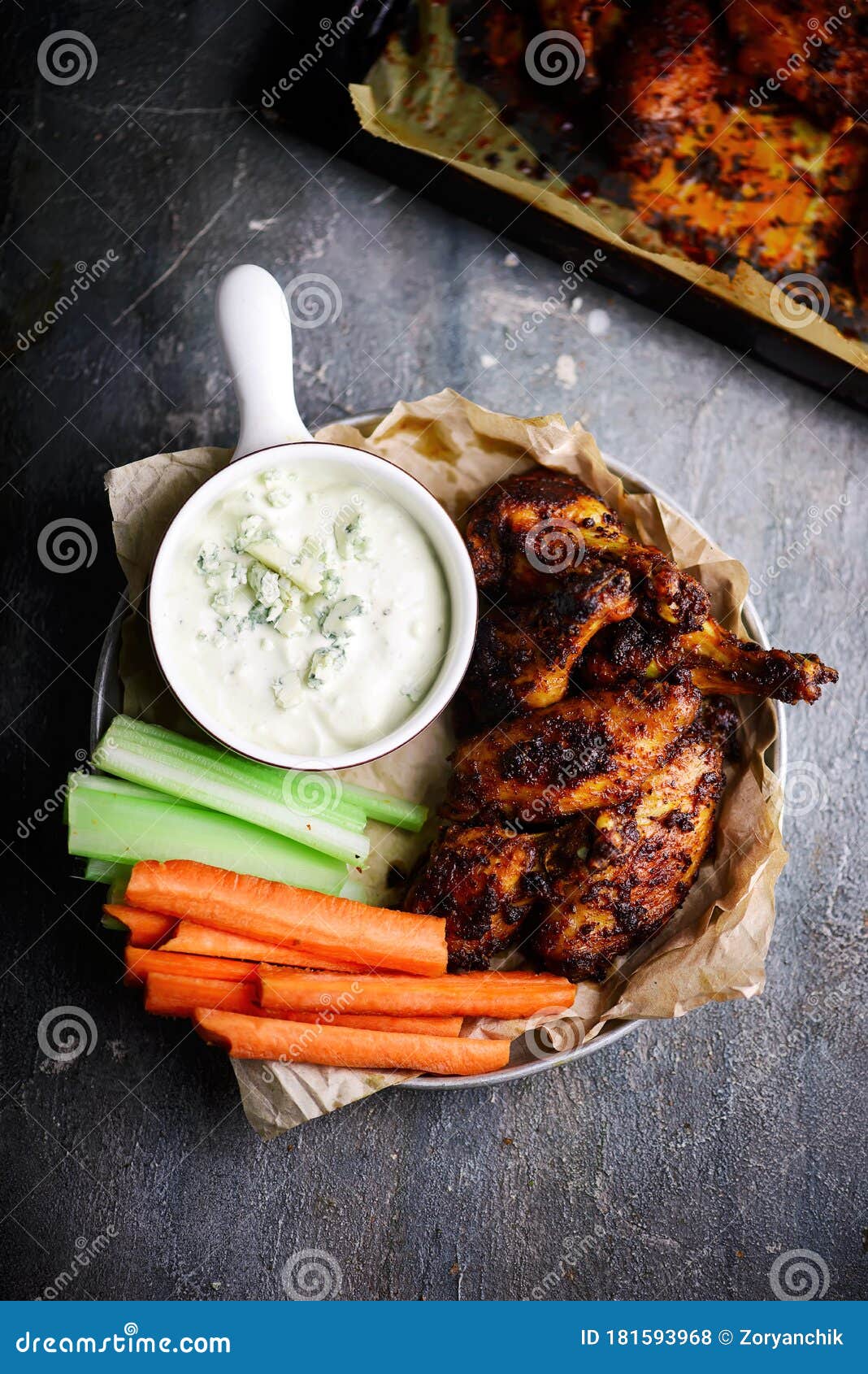 BBQ Chicken Wings with Blue Cheese Sauce.selective Focus Stock Photo