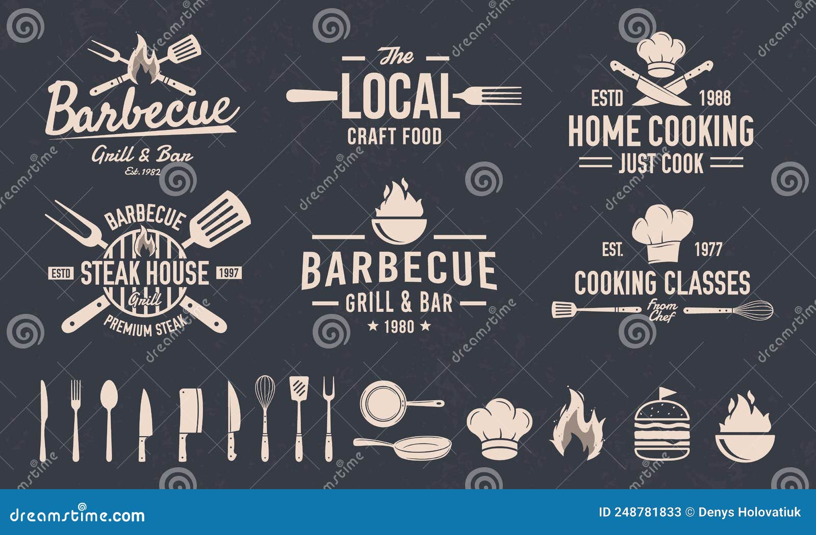 BBQ and Cooking Class Emblem Set. Stock Vector Illustration of fire