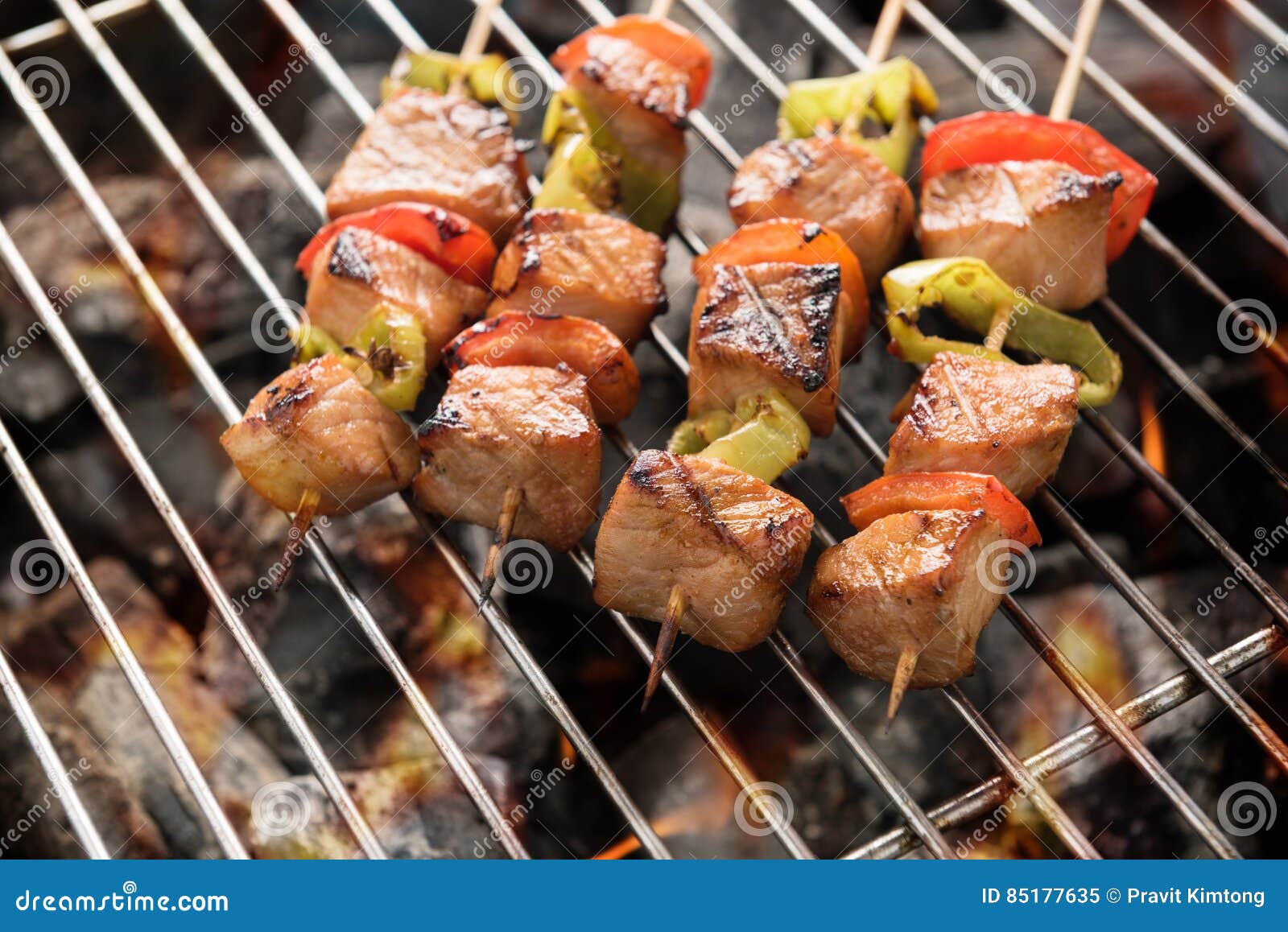 BBQ with Cooking. Coal Grill of Chicken Meat and Peppers Stock Image