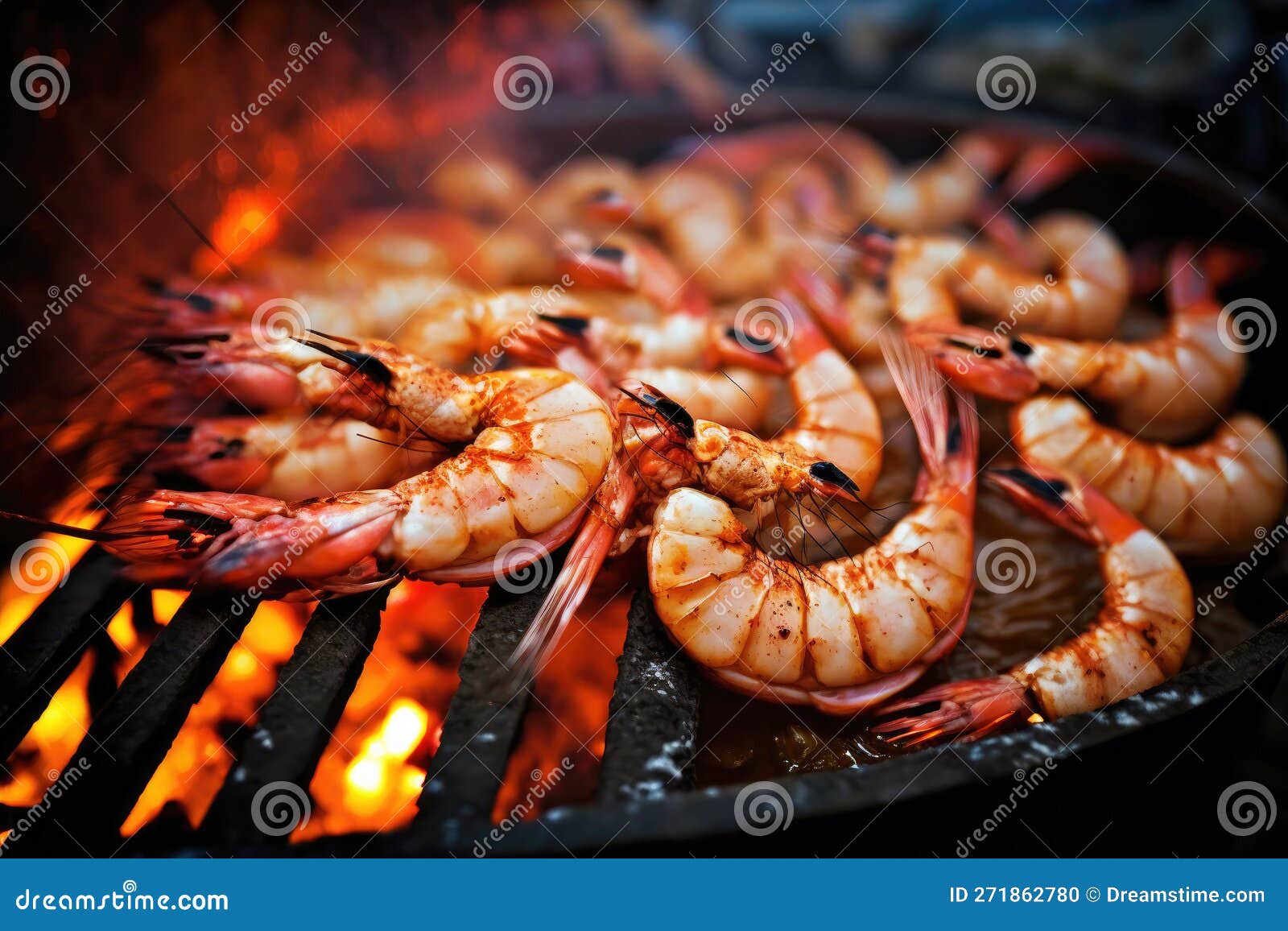 Bbq, Grilled King Prawns on Grill Grate with Fire. Closeup View