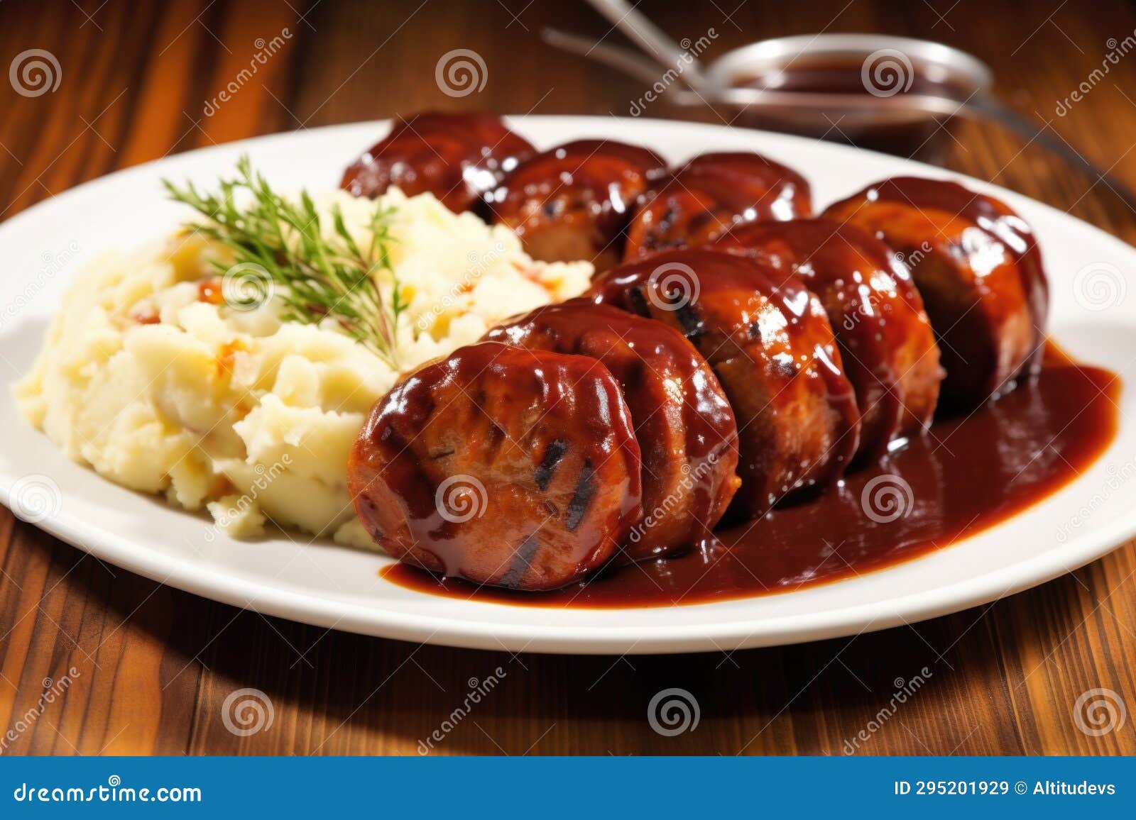 Bbq Hot Links on a Plate with Mashed Potato Stock Image Image of